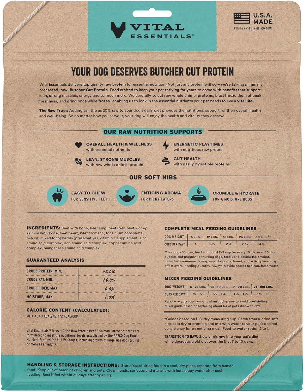 غذای سگ تکه ای نرم گوشت گاو و سالمون خام خشک شده Vital Essentials | ۹۹% گوشت گاو، سالمون، اندام ها و استخوان | ۳۹۶ گرم