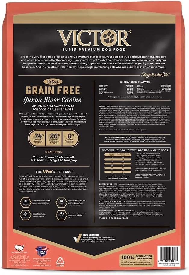 غذای سگ سوپر پریمیوم ویکتور – غذای بدون غلات یوکان ریور مخصوص سگ – برای سگ ها در تمام مراحل زندگی – غذای خشک با پروتئین بالا برای تمام سگ های با فعالیت نرمال، 6.8 کیلوگرم