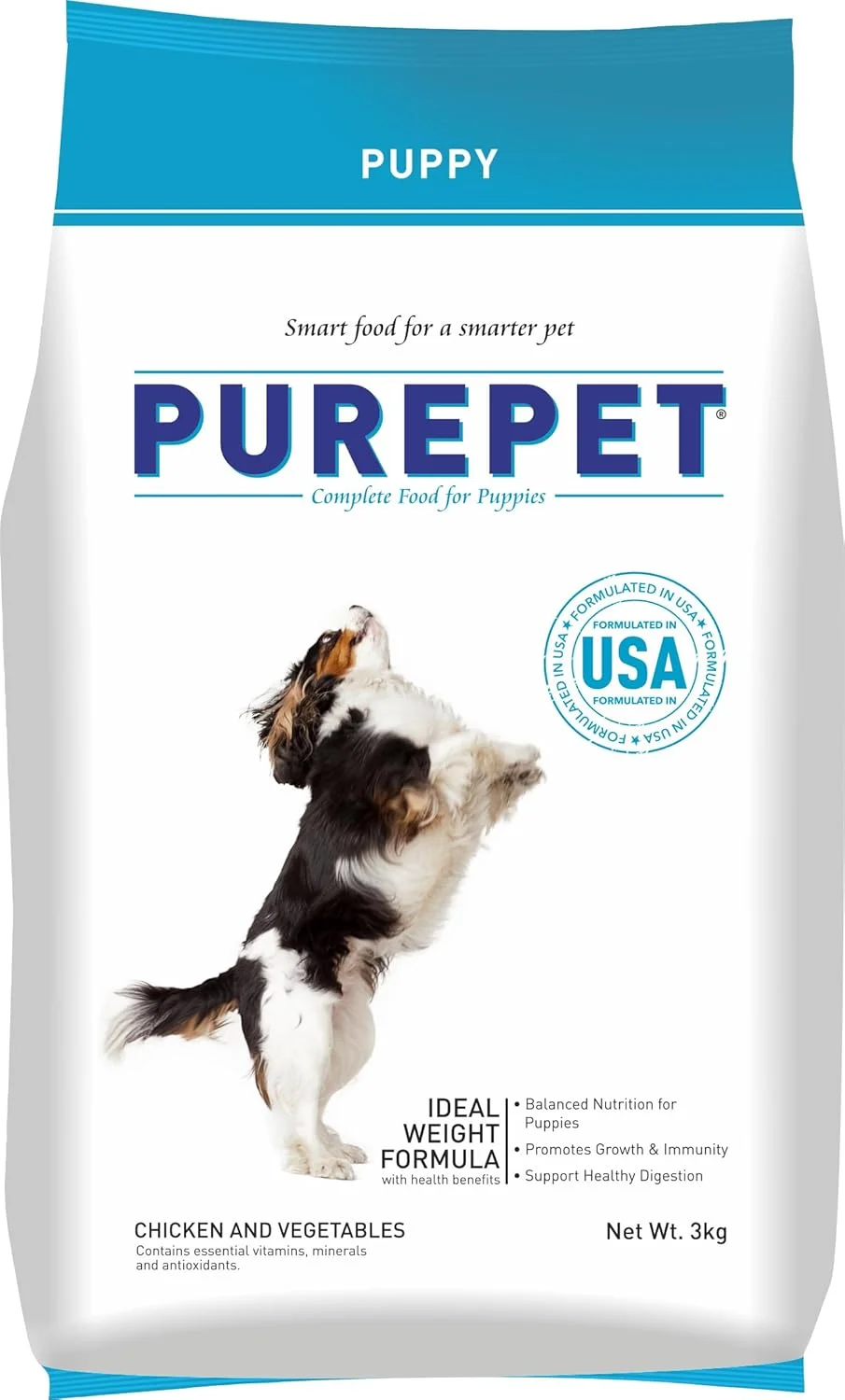 غذای خشک سگ بچه Purepet، مرغ و سبزیجات، 3 کیلوگرم | DHA برای رشد مغز، پروتئین بالا برای رشد استخوان و مفاصل، تقویت رشد عضلات، تغذیه کامل، تقویت ایمنی و هضم