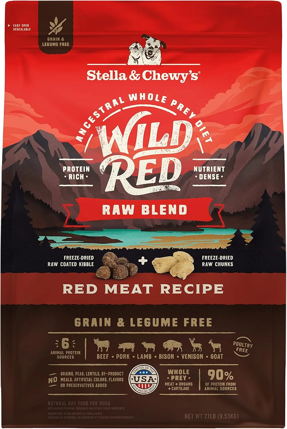 غذای خشک سگ Stella & Chewy's Wild Red Raw Blend Kibble - بدون غلات، غنی از پروتئین - دستور پخت گوشت قرمز، کیسه 21 پوندی