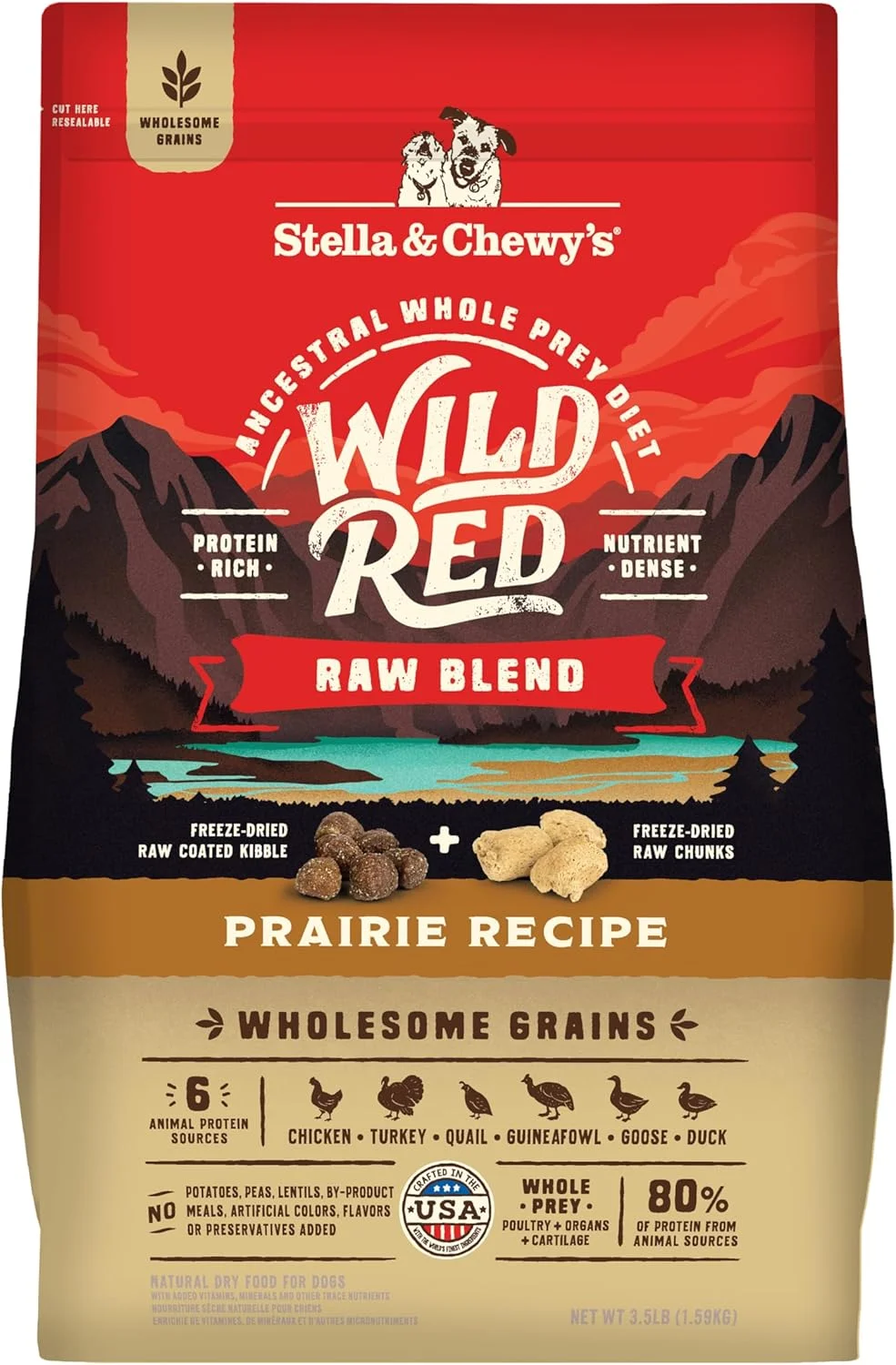 غذای خشک سگ Stella & Chewy's Wild Red Raw Blend Kibble – غلات کامل، غنی از پروتئین – دستور پخت Prairie، کیسه 3.5 پوندی