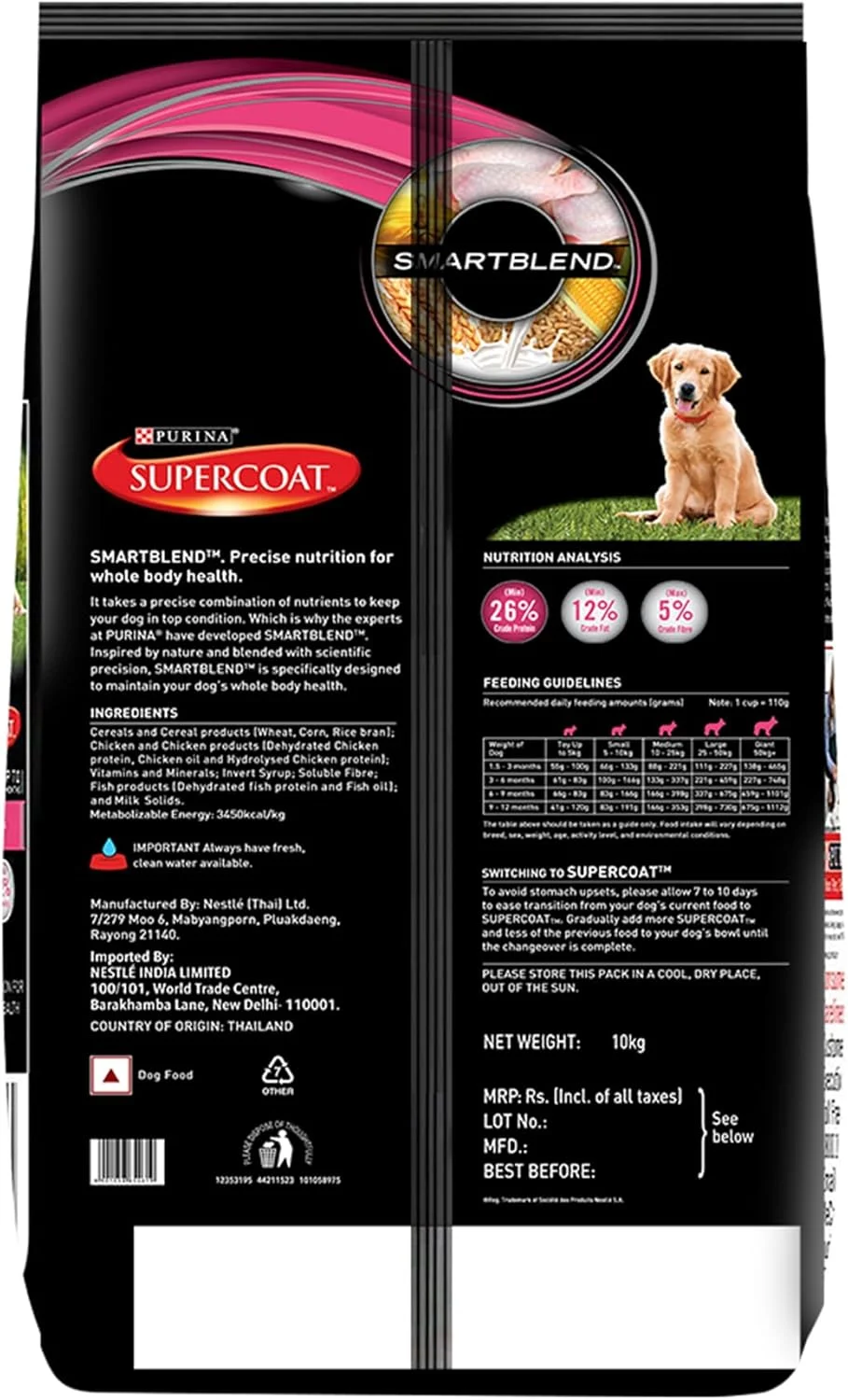 غذای خشک سگ بچه گربه پورینا سوپرکوت، تا 12 ماهگی، با طعم مرغ، ترکیب هوشمند تغذیه دقیق برای سلامت کل بدن، بدون رنگ و طعم دهنده مصنوعی، کیسه 10 کیلوگرمی