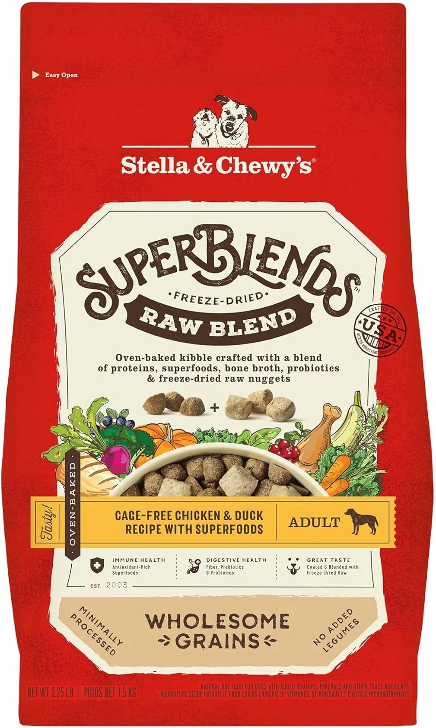 غذای سگ استلا و چوی SuperBlends ترکیبی از مرغ و اردک بدون قفس با غلات کامل و سوپرفودها، وزن 3.25 پوند