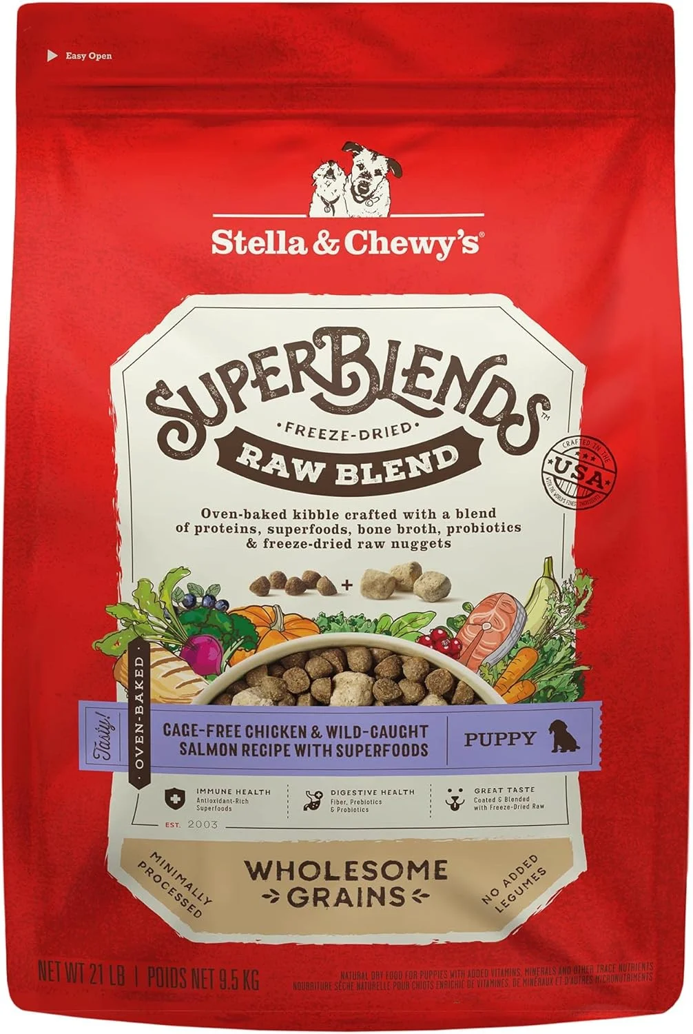 غذای خشک سگ استلا و چوی SuperBlends، ترکیب مرغ بدون قفس و ماهی سالمون صید شده در طبیعت با غلات کامل و سوپرفودها، مخصوص توله سگ، 9.5 کیلوگرمی