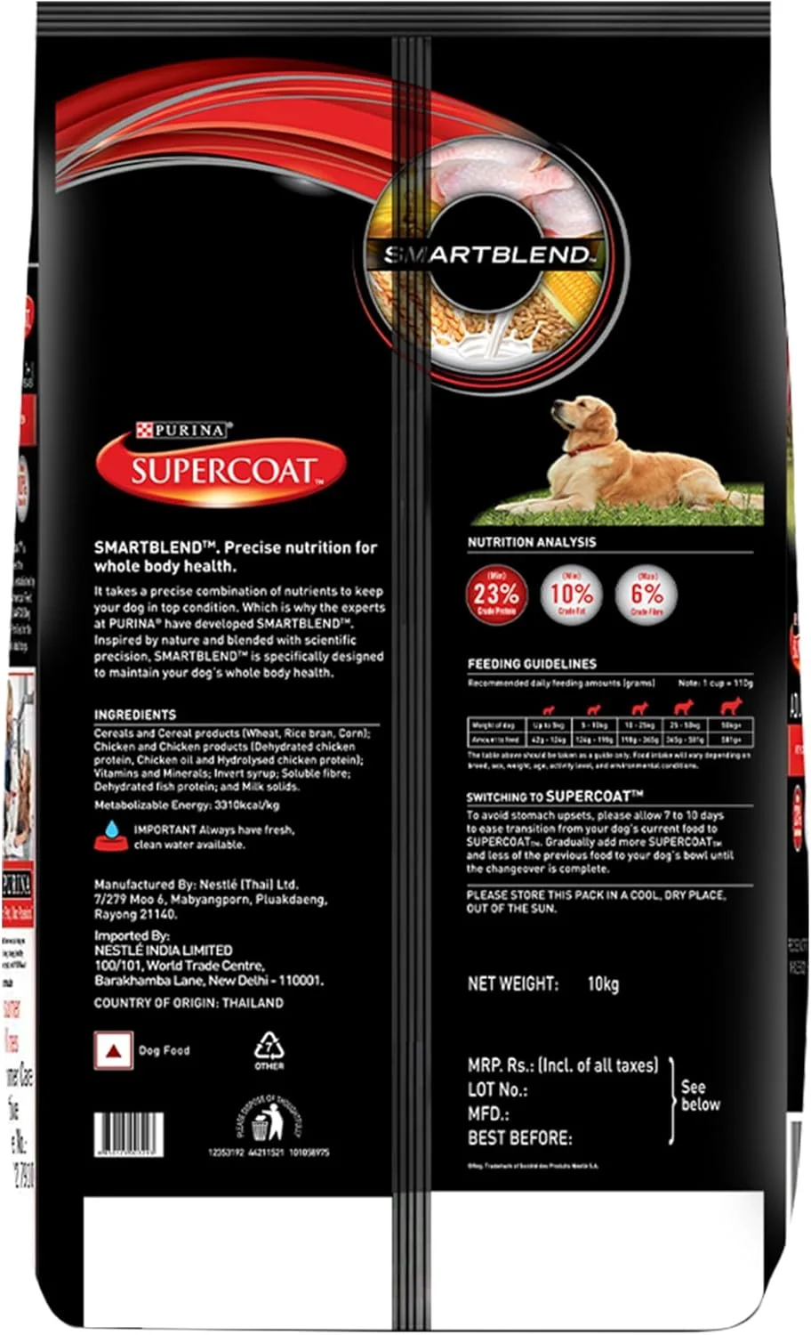 غذای خشک سگ بالغ پورینا سوپرکوت، 1+ سال، با طعم مرغ، ترکیب هوشمند تغذیه دقیق برای سلامت کل بدن، بدون رنگ و طعم دهنده مصنوعی، کیسه 10 کیلوگرمی