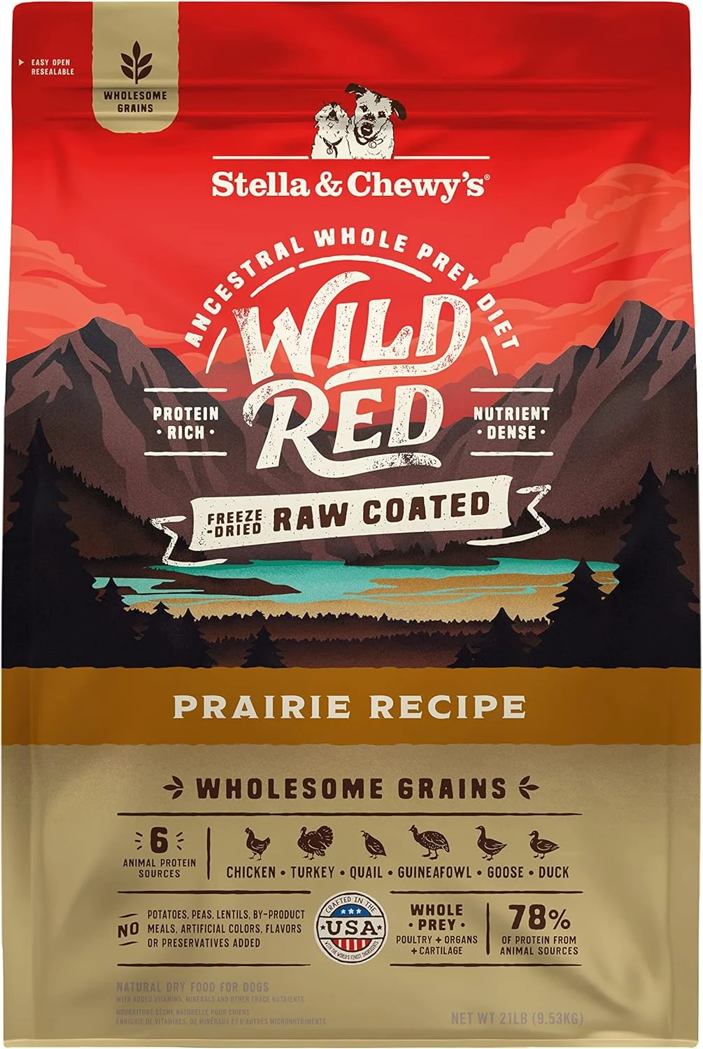 غذای خشک سگ Stella & Chewy's Wild Red با روکش خام، پروتئین بالا و غلات کامل، دستور پخت Prairie، کیسه 21 پوندی