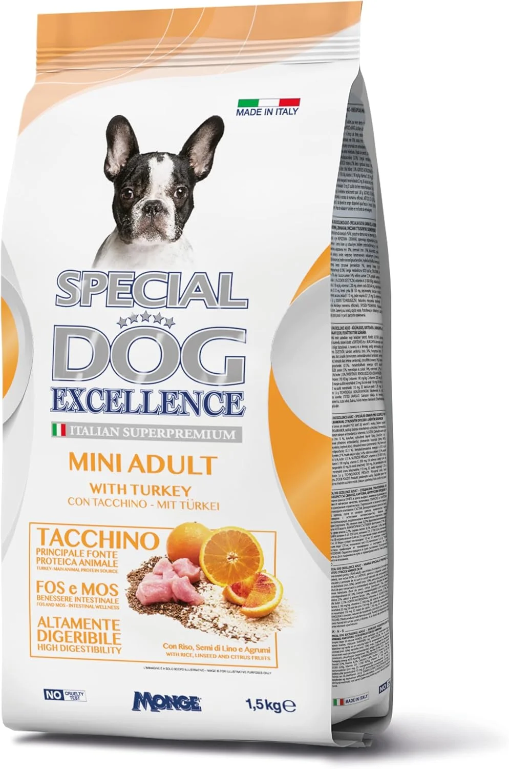 غذای خشک سگ بالغ نژاد کوچک Special Dog Excellence by Monge | با طعم بوقلمون، تخم کتان و مرکبات | پشتیبانی از پوست و دستگاه گوارش | کیسه 1.5 کیلوگرمی | ساخت ایتالیا