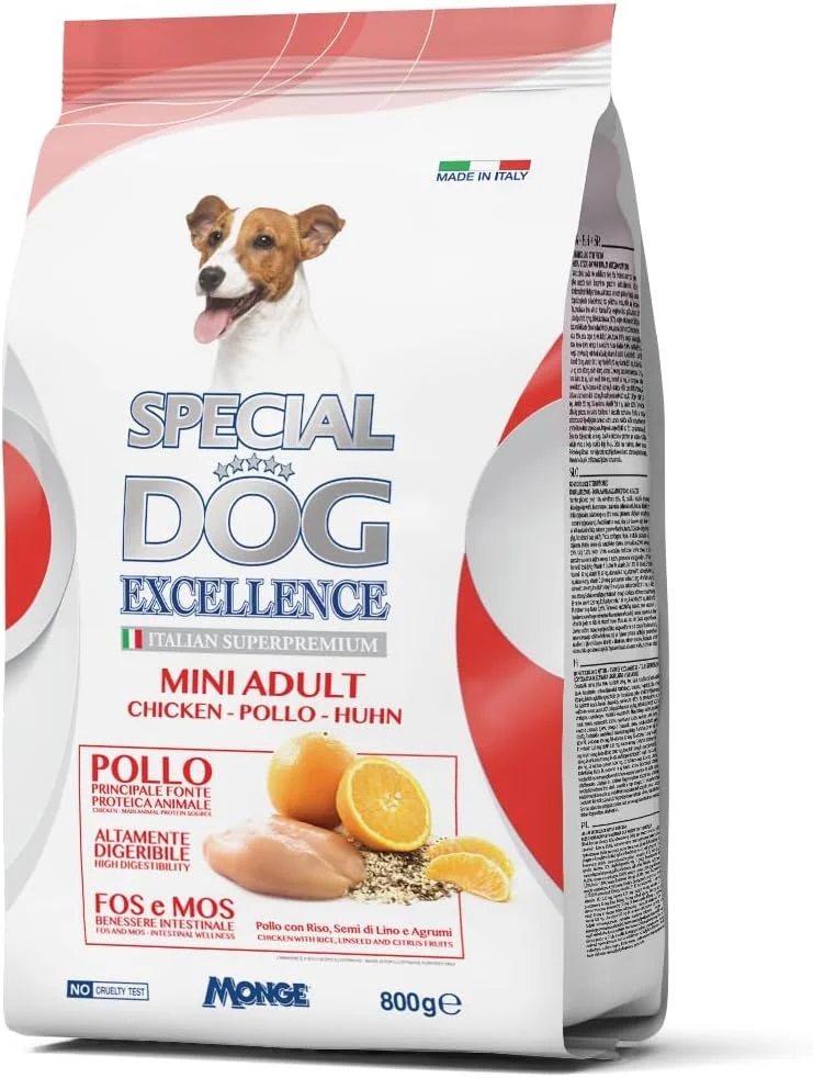 غذای خشک سگ بالغ نژاد کوچک Special Dog Excellence by Monge | با طعم مرغ، برنج، تخم کتان و مرکبات | حمایت از پوست و مو + سیستم ایمنی | کیسه 800 گرمی | ساخت ایتالیا