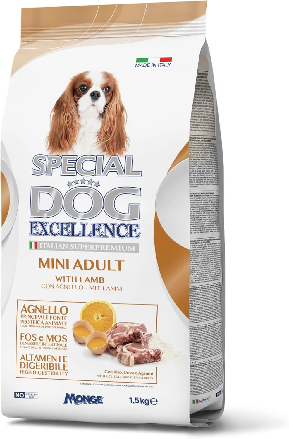 غذای خشک سگ بالغ نژاد کوچک Special Dog Excellence by Monge با طعم لذیذ بره، برنج، تخم مرغ و مرکبات | پشتیبانی از پوست، پوشش و دستگاه گوارش | کیسه 1.5 کیلوگرمی | ساخت ایتالیا