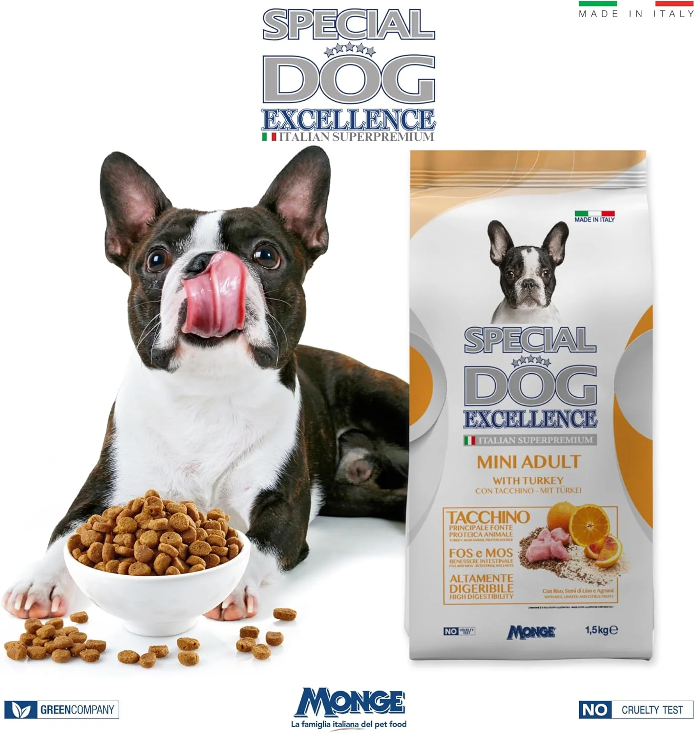 غذای خشک سگ بالغ نژاد کوچک Special Dog Excellence by Monge | با طعم بوقلمون، تخم کتان و مرکبات | پشتیبانی از پوست و دستگاه گوارش | کیسه 1.5 کیلوگرمی | ساخت ایتالیا