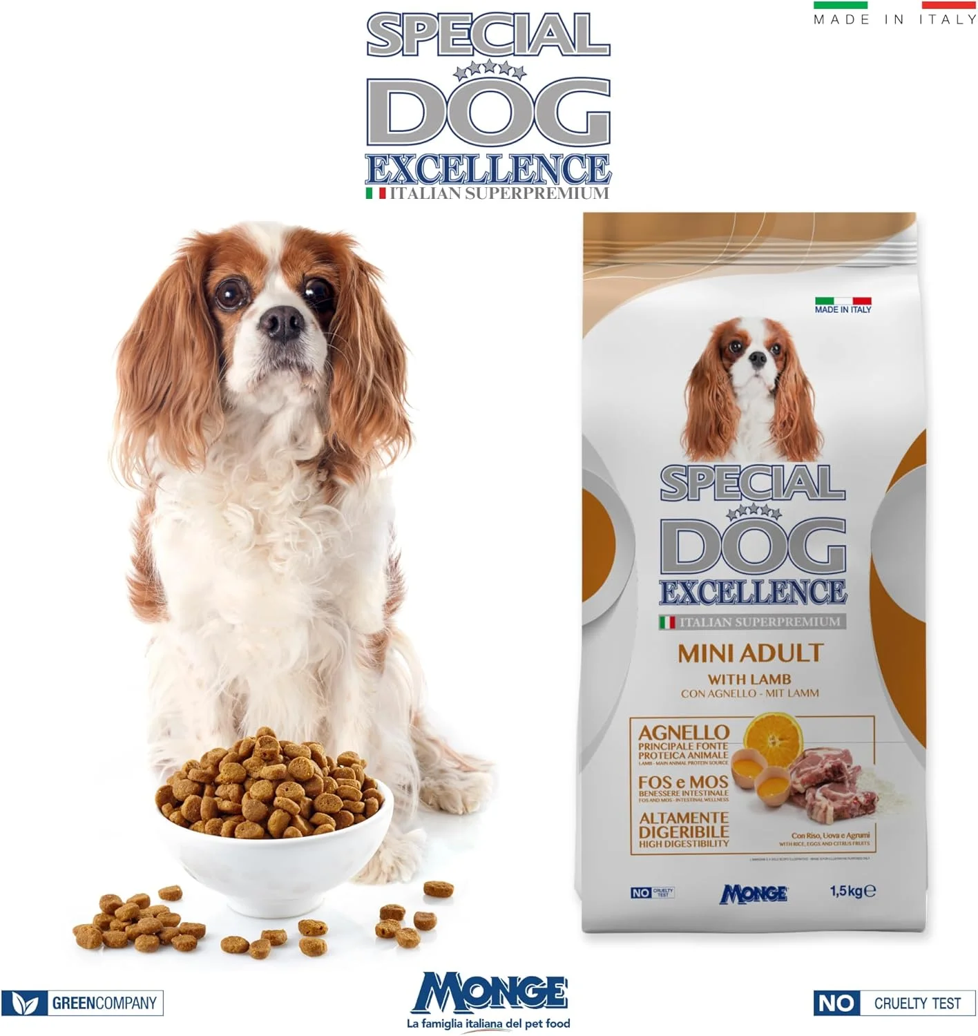 غذای خشک سگ بالغ نژاد کوچک Special Dog Excellence by Monge با طعم لذیذ بره، برنج، تخم مرغ و مرکبات | پشتیبانی از پوست، پوشش و دستگاه گوارش | کیسه 1.5 کیلوگرمی | ساخت ایتالیا