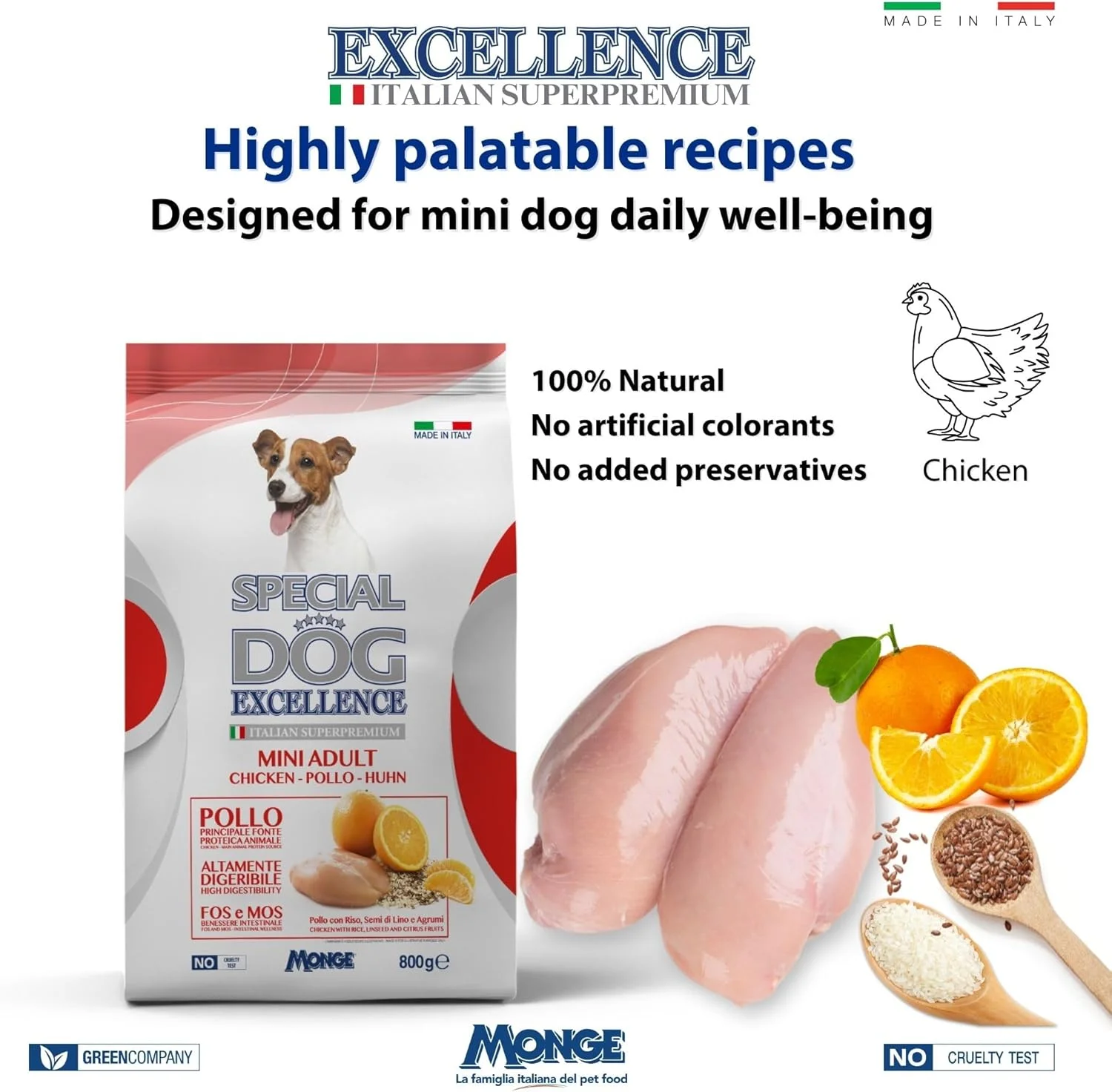 غذای خشک سگ بالغ نژاد کوچک Special Dog Excellence by Monge | با طعم مرغ، برنج، تخم کتان و مرکبات | حمایت از پوست و مو + سیستم ایمنی | کیسه 800 گرمی | ساخت ایتالیا
