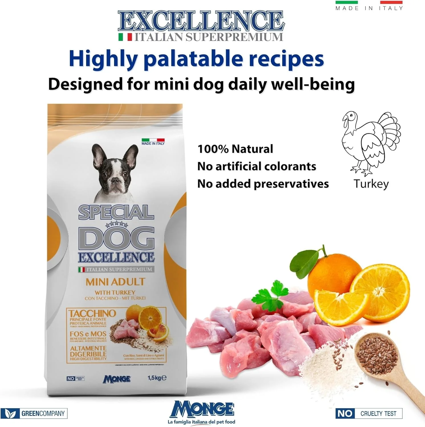 غذای خشک سگ بالغ نژاد کوچک Special Dog Excellence by Monge | با طعم بوقلمون، تخم کتان و مرکبات | پشتیبانی از پوست و دستگاه گوارش | کیسه 1.5 کیلوگرمی | ساخت ایتالیا
