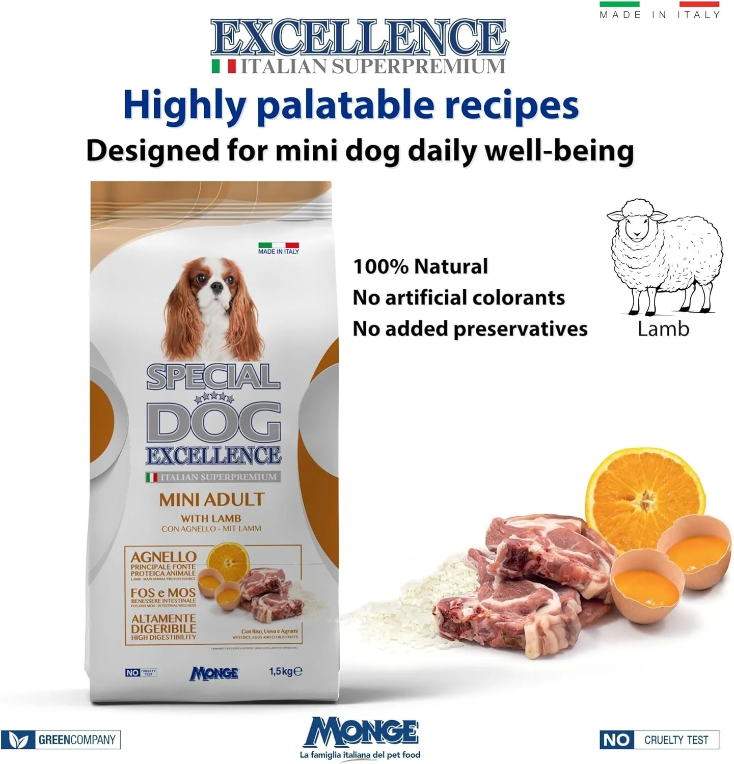 غذای خشک سگ بالغ نژاد کوچک Special Dog Excellence by Monge با طعم لذیذ بره، برنج، تخم مرغ و مرکبات | پشتیبانی از پوست، پوشش و دستگاه گوارش | کیسه 1.5 کیلوگرمی | ساخت ایتالیا