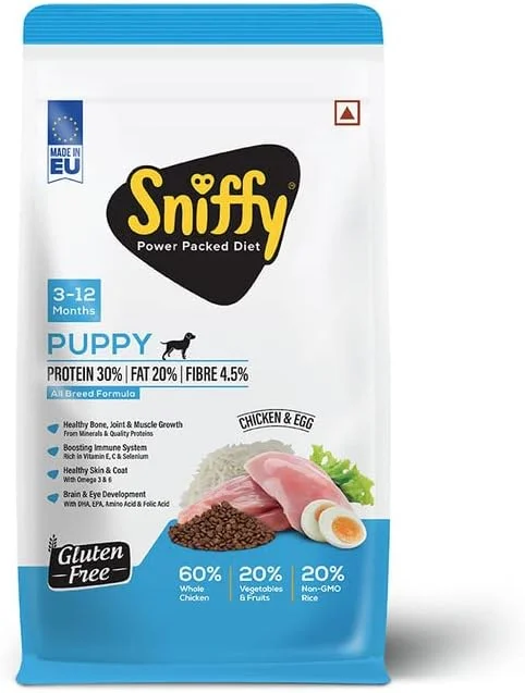 غذای خشک سگ Sniffy Puppy - 3 کیلوگرم | مرغ و تخم مرغ واقعی، رژیم غذایی پر پروتئین برای همه نژادها | غذای بدون گلوتن برای سگ ها