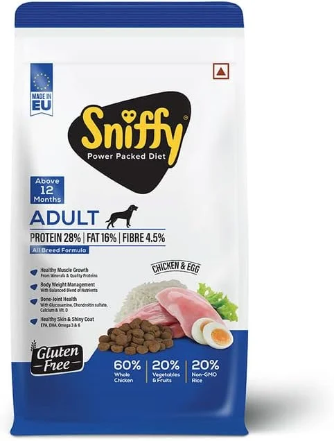 غذای خشک سگ بالغ Sniffy - 3 کیلوگرم | مرغ و تخم مرغ واقعی، رژیم غذایی پر پروتئین برای تمام نژادها | غذای بدون گلوتن برای سگ ها