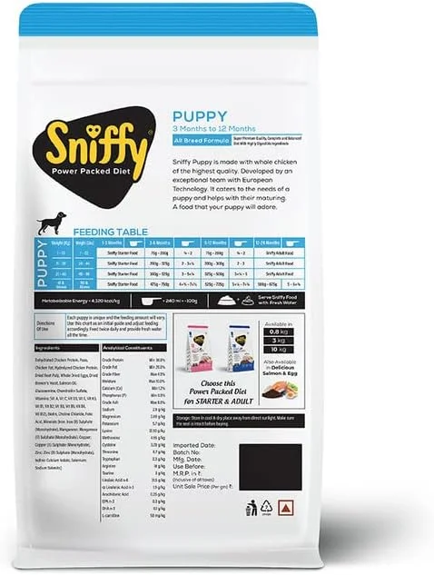 غذای خشک سگ Sniffy Puppy - 3 کیلوگرم | مرغ و تخم مرغ واقعی، رژیم غذایی پر پروتئین برای همه نژادها | غذای بدون گلوتن برای سگ ها