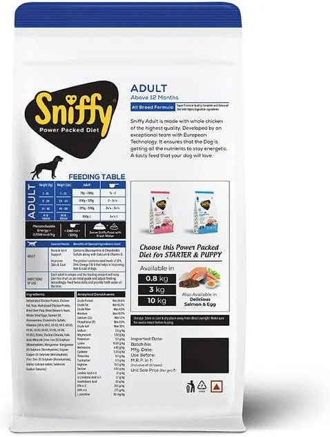 غذای خشک سگ بالغ Sniffy - 3 کیلوگرم | مرغ و تخم مرغ واقعی، رژیم غذایی پر پروتئین برای تمام نژادها | غذای بدون گلوتن برای سگ ها