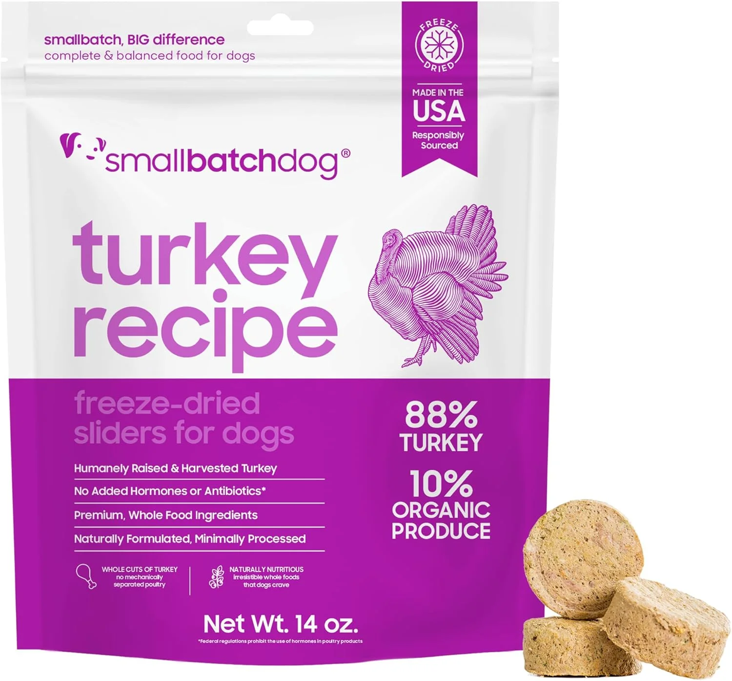 غذای خام منجمد شده با کیفیت عالی سگ Smallbatch Pets، دستور پخت بوقلمون، 396 گرم، ساخت آمریکا، محصولات ارگانیک، گوشت با پرورش انسانی، پتی های هیدراته و آماده سرو، پروتئین تک منبع، سالم