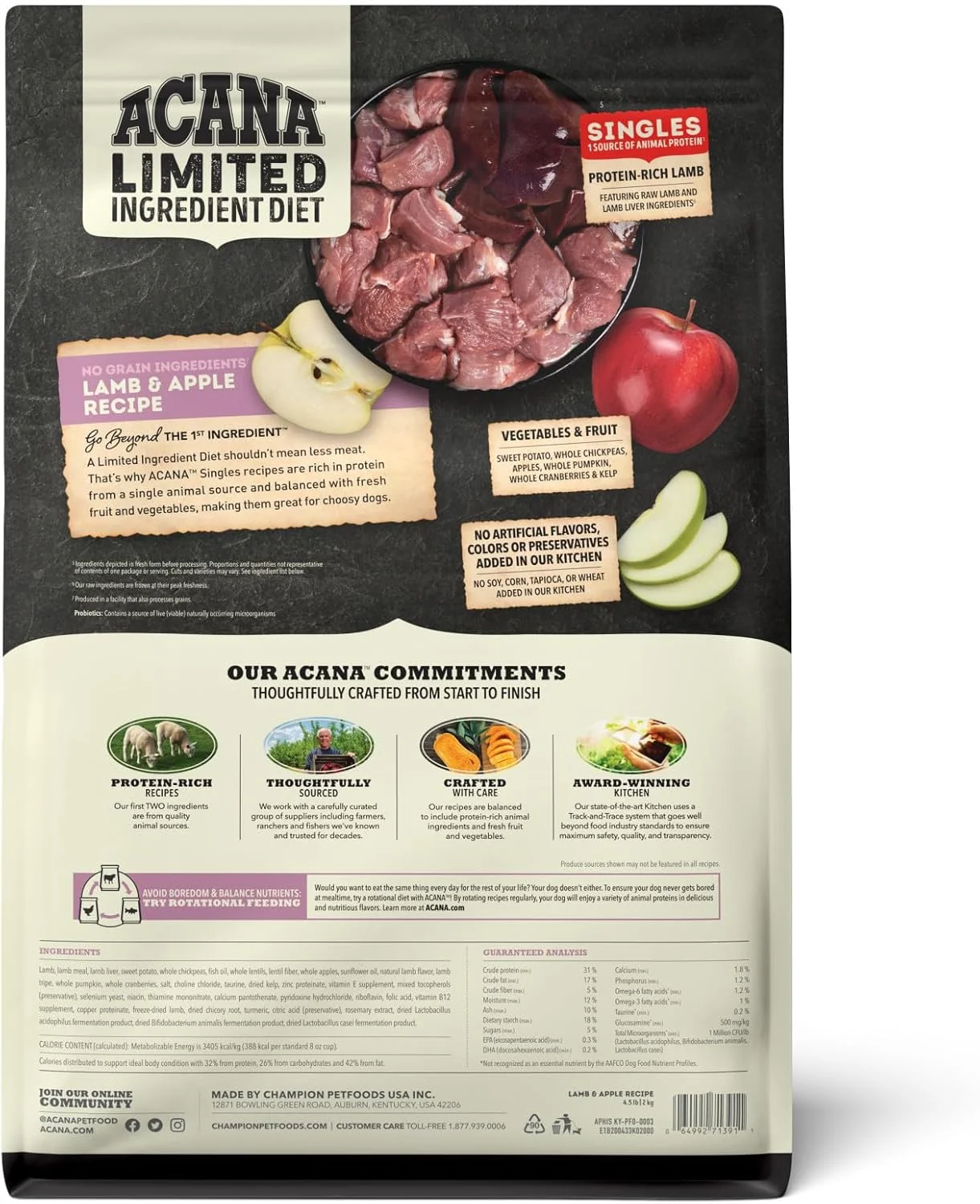 غذای خشک سگ با پروتئین بالا و تک پروتئینه ACANA® Singles، بدون غلات، بره و سیب، 4.5 پوند