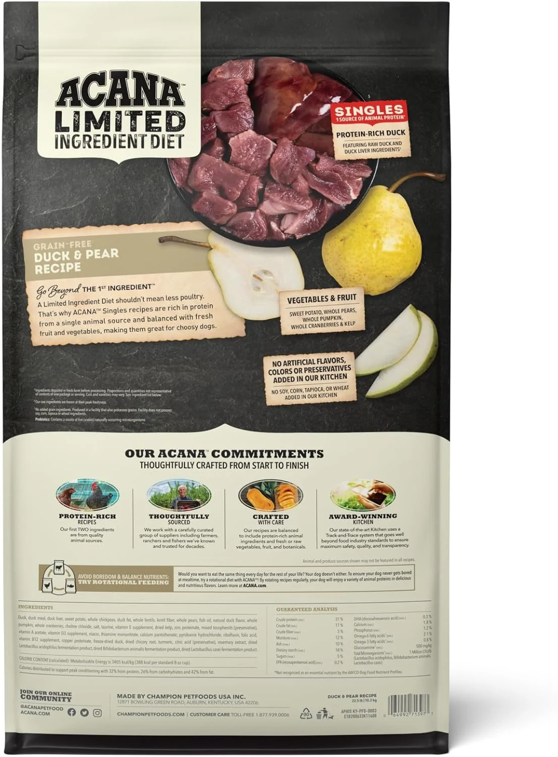 غذای خشک سگ با پروتئین بالا و بدون غلات آکانا سینگلز با طعم اردک و گلابی - کیسه 22.5 پوندی