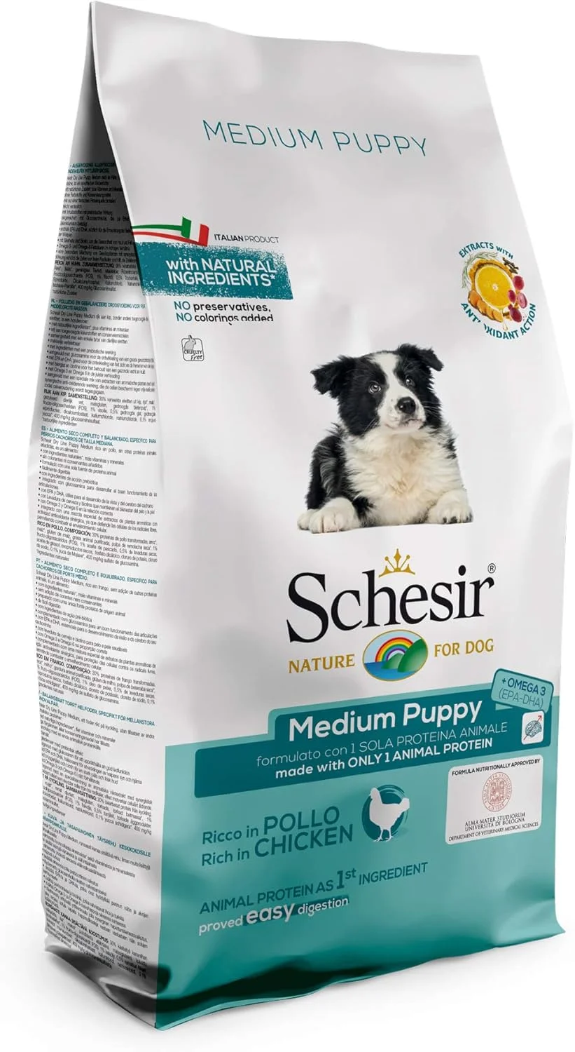 غذای خشک سگ نژاد متوسط Schesir با طعم مرغ، مخصوص توله سگ های نژاد متوسط ۱۲ کیلوگرمی
