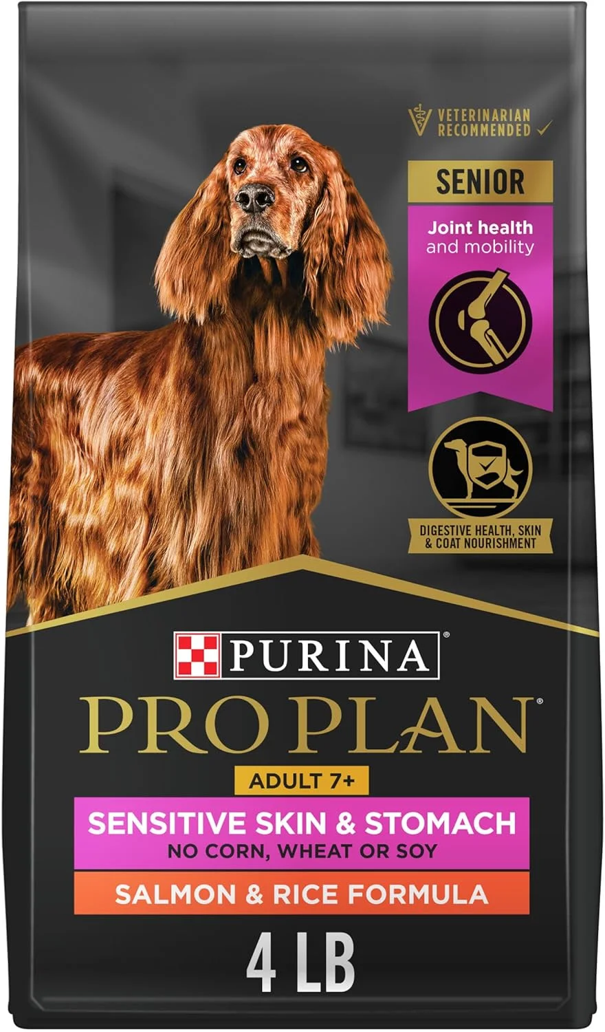 غذای خشک سگ با پوست و معده حساس Purina Pro Plan، غذای خشک سگ برای سگ های مسن بالای 7 سال، فرمول ماهی سالمون و برنج - کیسه 4 پوندی