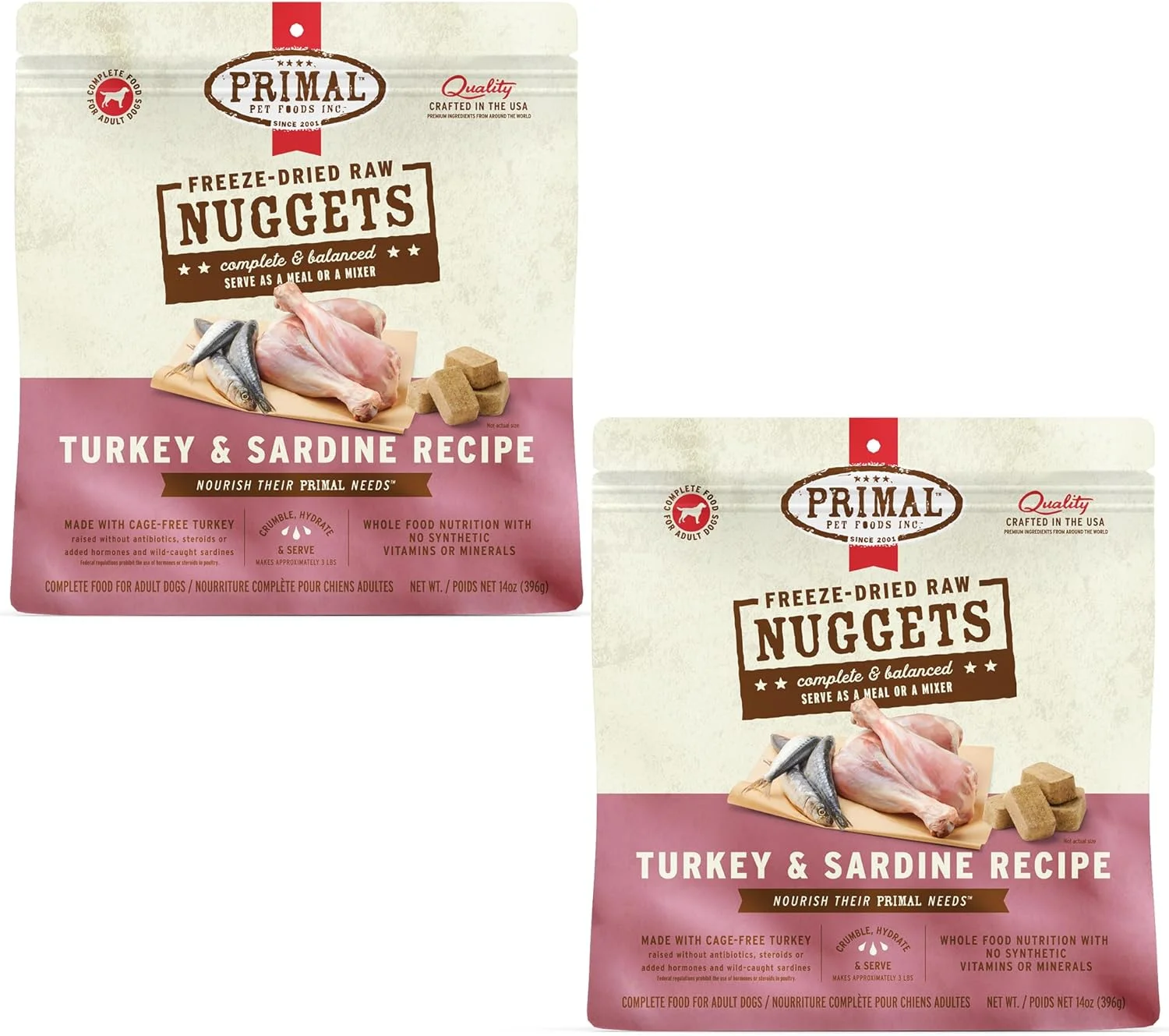 غذای سگ خام خشک شده پریمال، بوقلمون و ساردین، غذای کامل و متعادل، قابل استفاده به عنوان چاشنی یا تشویقی، ممتاز، سالم، بدون غلات، غذای سگ خام با پروتئین بالا، 396 گرم (بسته 2 عددی)