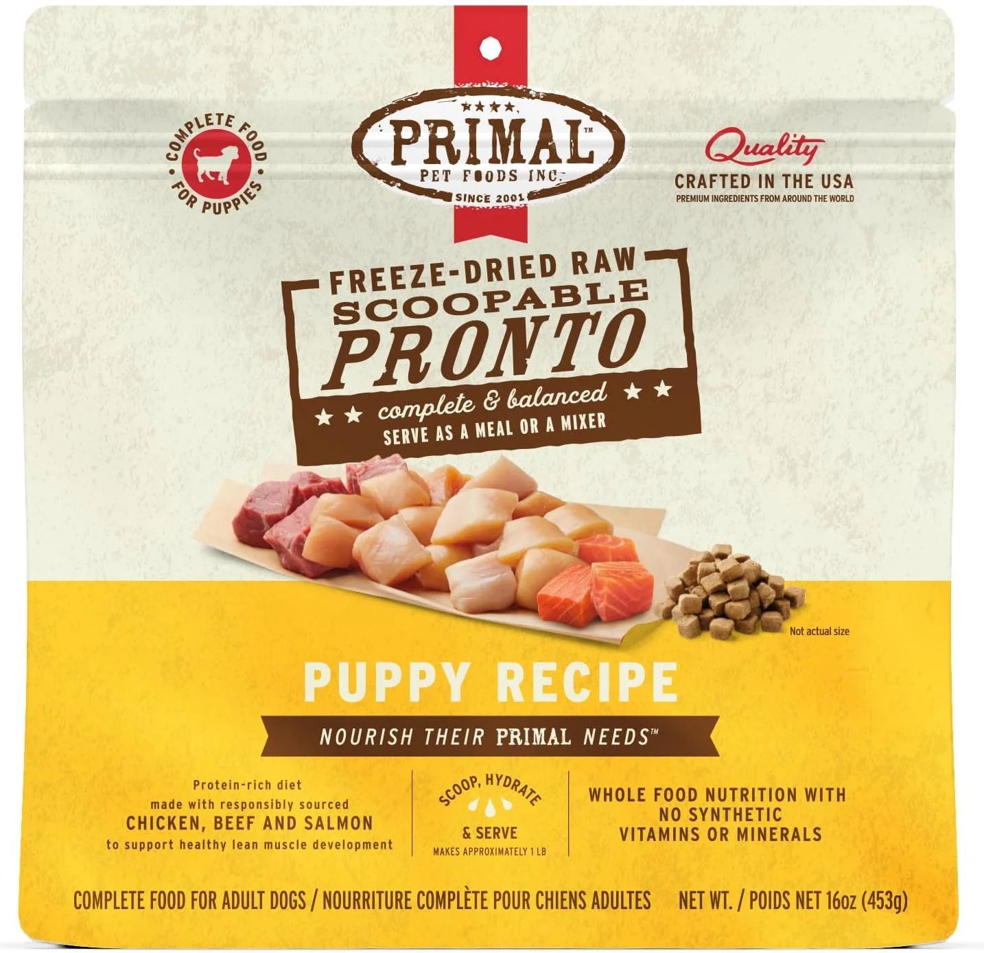 غذای سگ خشک شده پرایمال پت فودز برای توله سگ ها Pronto، 453 گرم، غذای کامل و متعادل، بدون غلات، غذای خام سالم برای توله سگ، ساخت آمریکا