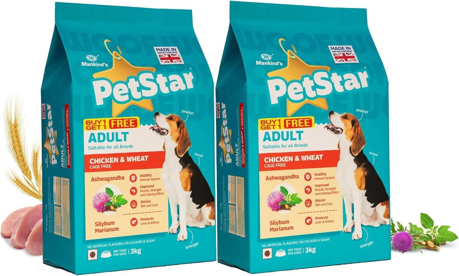 غذای خشک سگ بالغ پت استار مناسب برای همه نژادها ( ) 3 کیلوگرم + 3 کیلوگرم | طعم مرغ و گندم | غذای کامل و متعادل برای همه نژادهای سگ | برای استخوان ها و عضلات سالم | مواد طبیعی