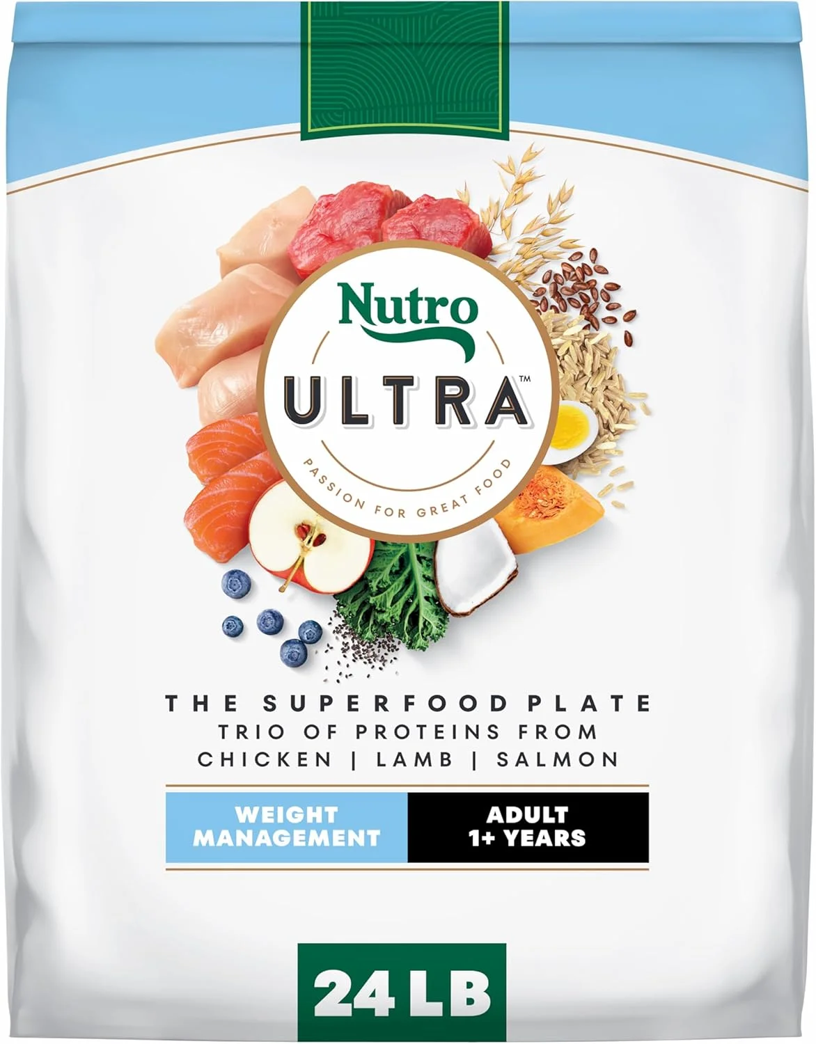 غذای خشک سگ بالغ Nutro Ultra برای مدیریت وزن، پروتئین سه گانه مرغ، بره و ماهی سالمون، کیسه 24 پوندی