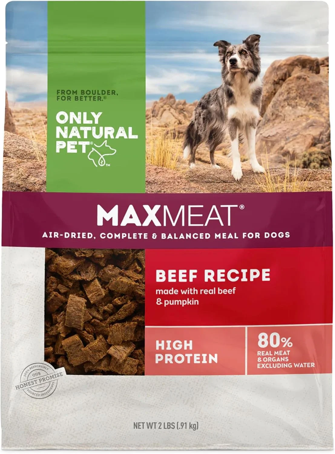 غذای خشک سگ Only Natural Pet MaxMeat Holistic Air Dried - کاملا طبیعی، پروتئین بالا، بدون غلات - تهیه شده با گوشت واقعی - گوشت گاو با کدو تنبل و جعفری 2 پوند