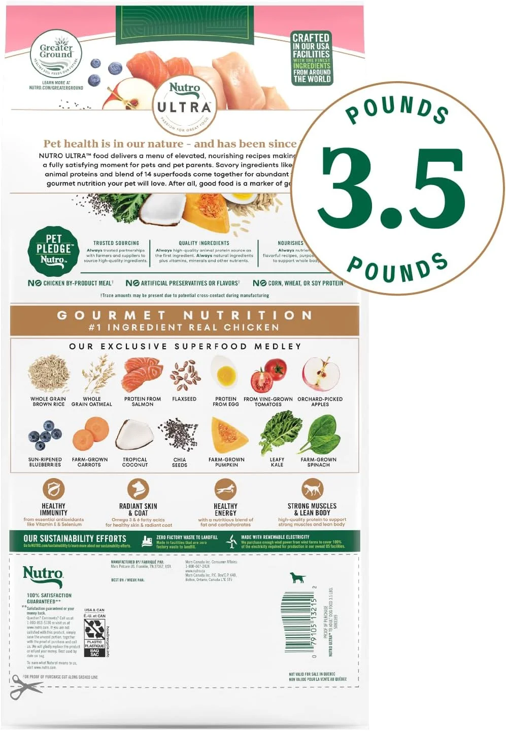 غذای خشک سگ نوترا اولترا برای نژادهای مختلف، حاوی پروتئین های مرغ، بره و ماهی سالمون، کیسه 3.5 پوندی