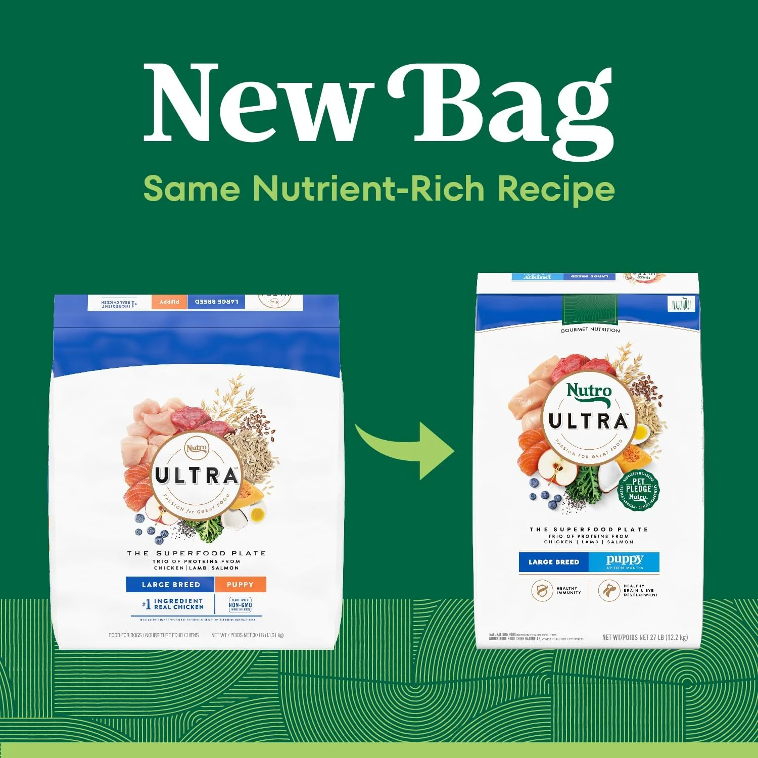 غذای خشک سگ نژاد بزرگ Nutro Ultra برای توله سگ، با پروتئین مرغ، بره و ماهی سالمون، کیسه 27 پوندی