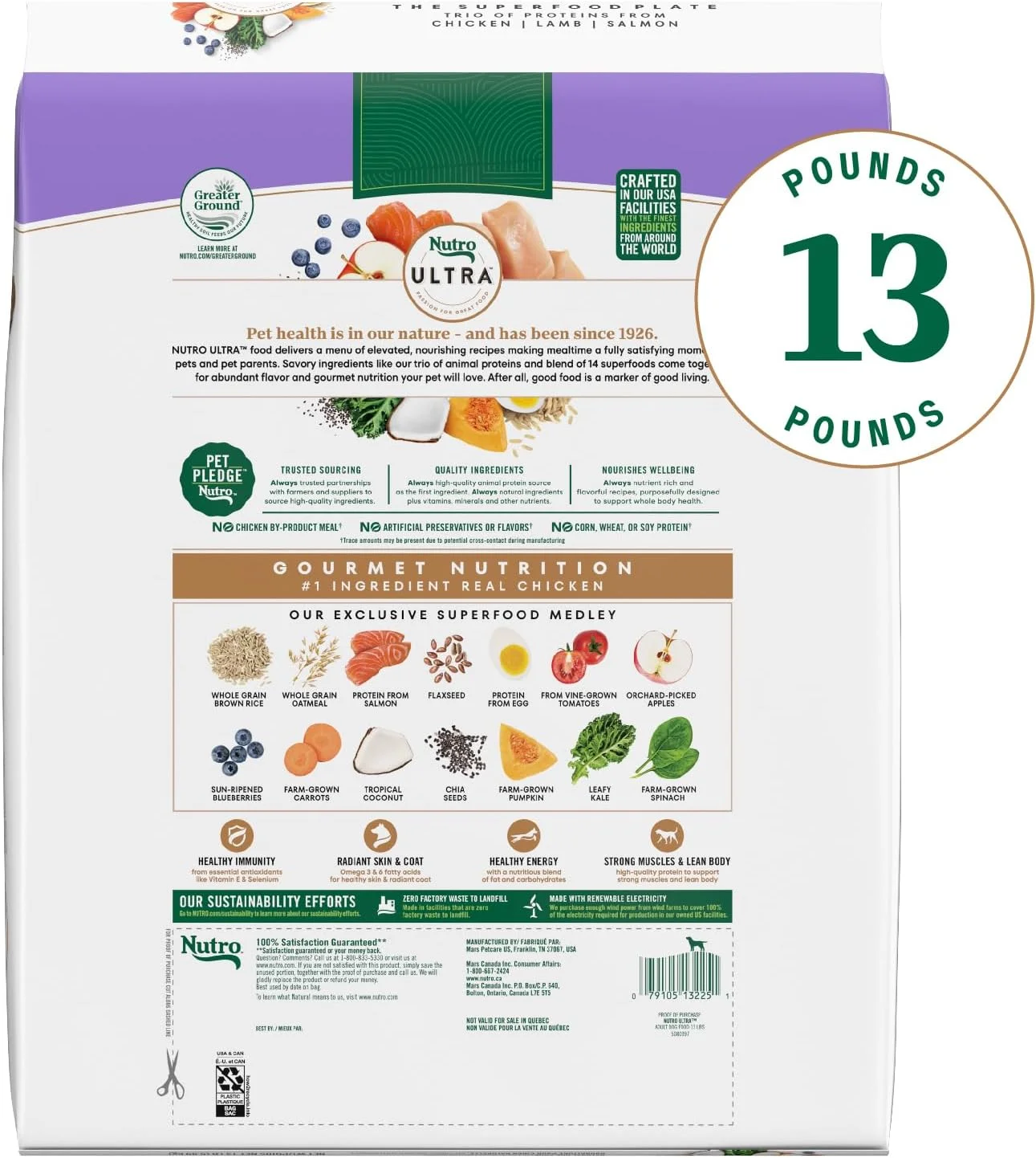 غذای خشک سگ بالغ نوترا اولترا با ترکیبی از پروتئین های مرغ، بره و ماهی سالمون، کیسه 13 پوندی