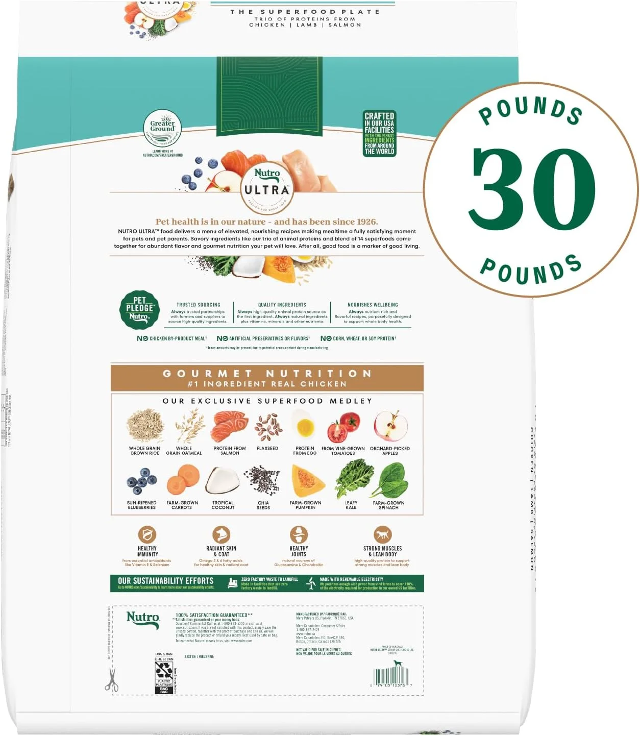 غذای خشک سگ مسن نوتریو اولترا با پروتئین سه گانه از مرغ، بره و ماهی سالمون، کیسه 30 پوندی