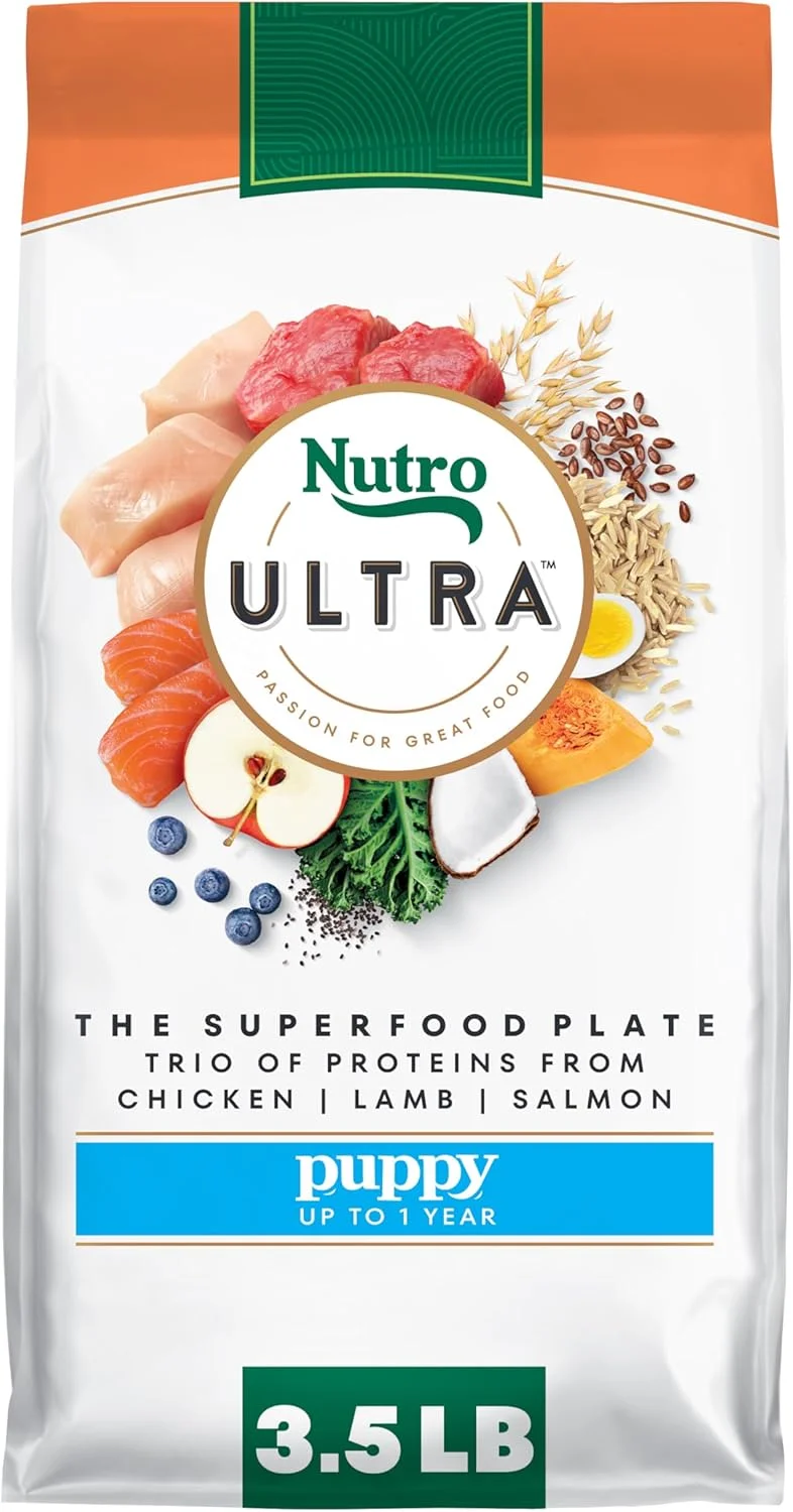 غذای خشک سگ نوترا اولترا با پروتئین بالا برای توله سگ، سه پروتئین از مرغ، بره و ماهی سالمون، کیسه 3.5 پوندی