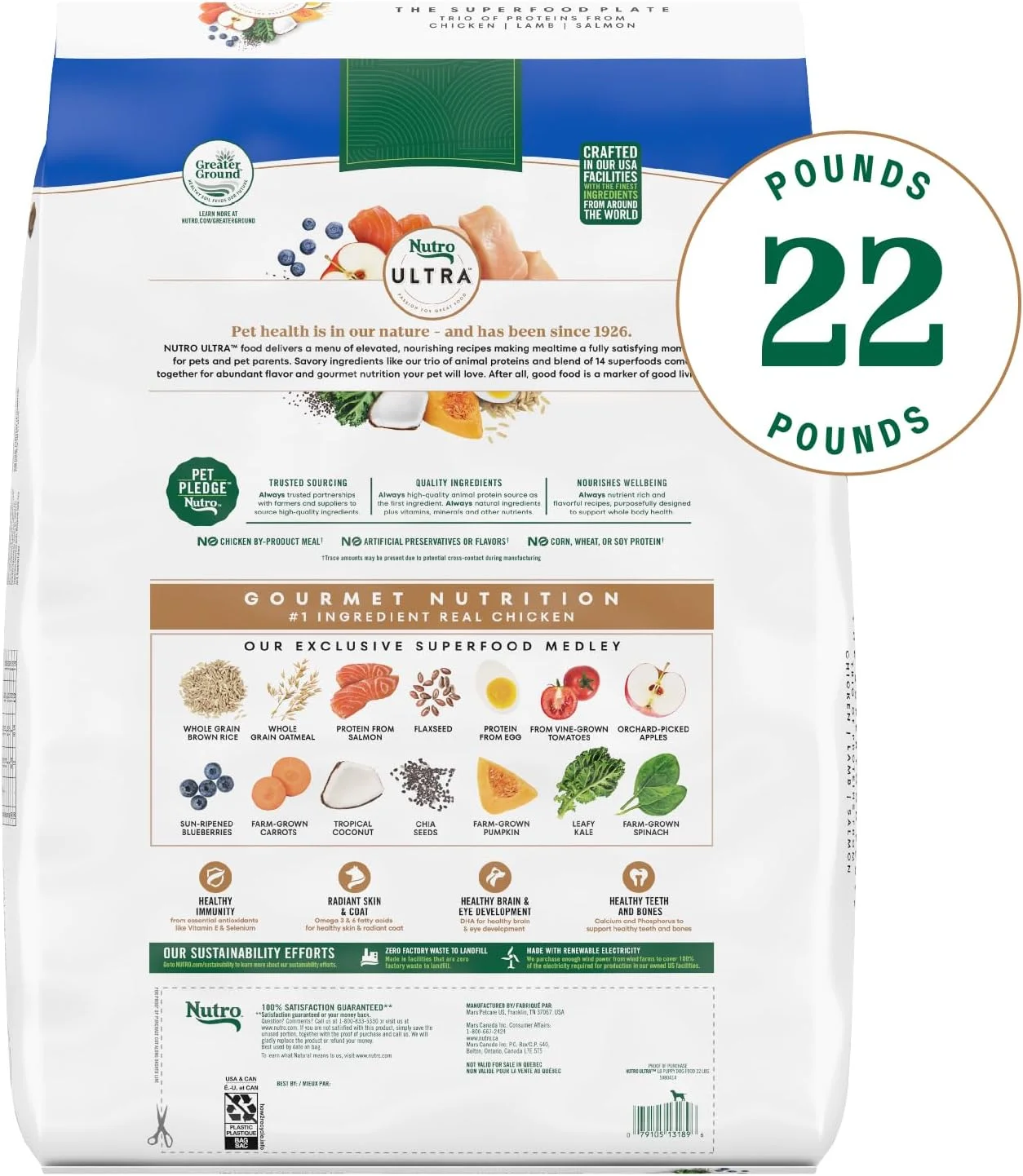 غذای خشک سگ نژاد بزرگ Nutro Ultra برای توله سگ، با پروتئین مرغ، بره و ماهی سالمون، کیسه 10 کیلوگرمی