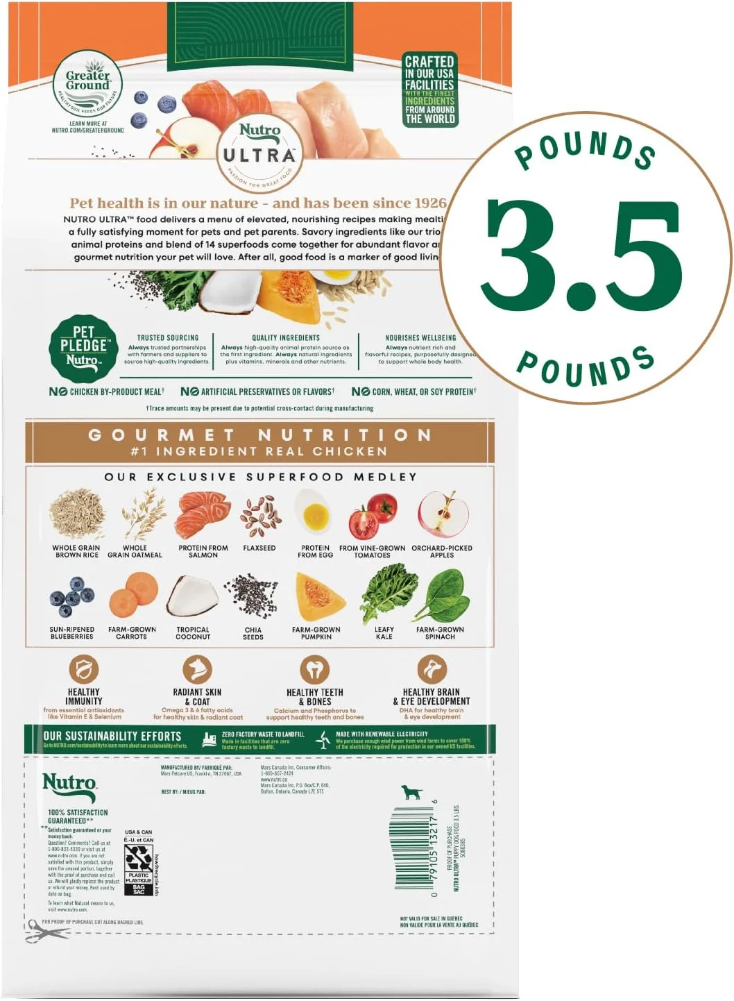 غذای خشک سگ نوترا اولترا با پروتئین بالا برای توله سگ، سه پروتئین از مرغ، بره و ماهی سالمون، کیسه 3.5 پوندی