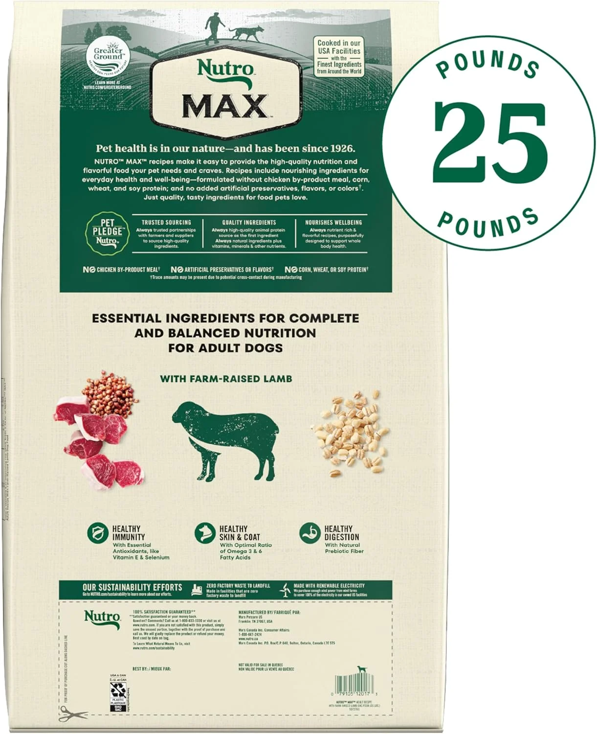 غذای خشک سگ بالغ نوتریو مکس با طعم گوشت بره پرورشی، کیسه 25 پوندی