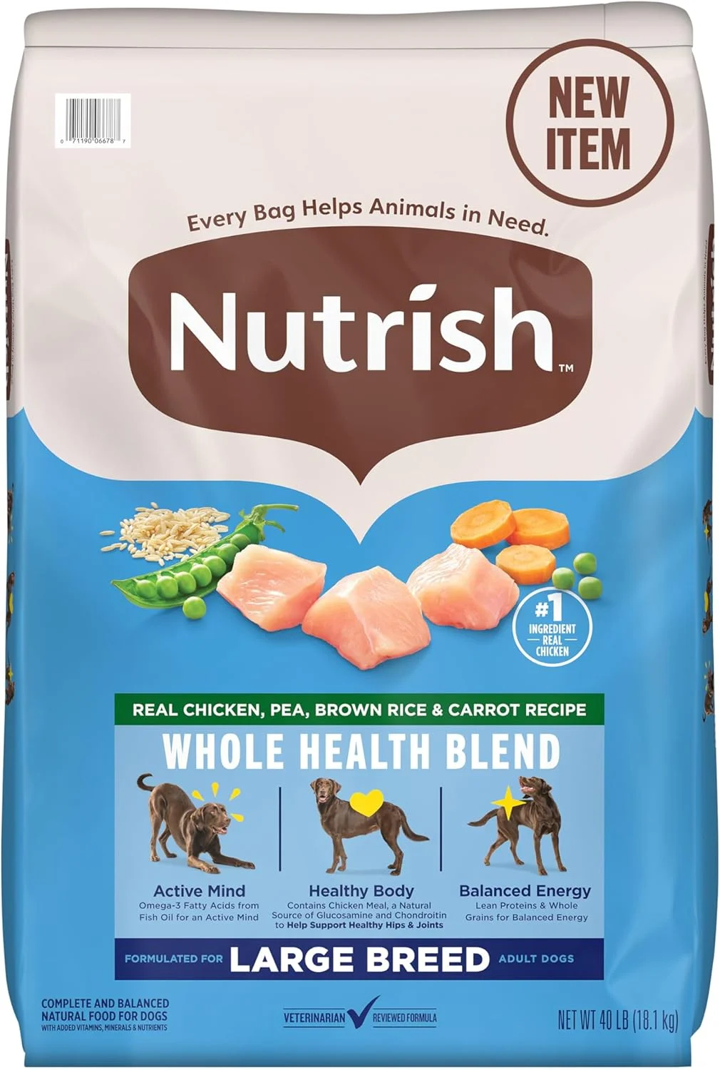غذای خشک سگ نژاد بزرگ نوتریش با طعم مرغ واقعی، نخود، برنج قهوه ای و هویج، ترکیب سلامت کامل، کیسه 40 پوندی (ریچل ری)