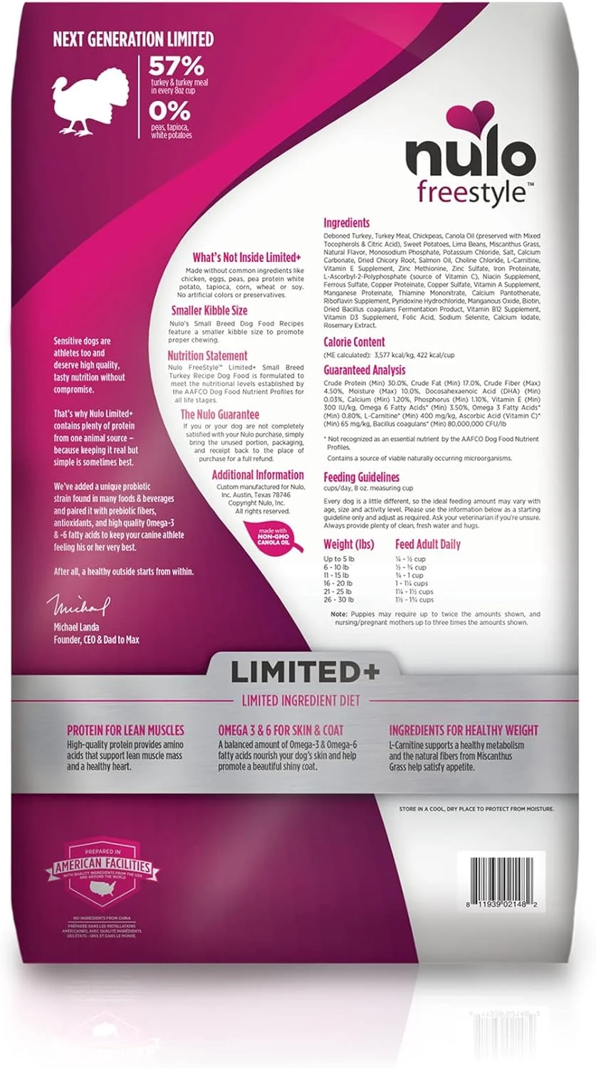 غذای خشک سگ نژاد کوچک نولو فری استایل با مواد اولیه محدود، غذای خشک ممتاز بدون غلات برای سگ های بالغ و توله سگ، پروتئین حیوانی منفرد با پروبیوتیک BC30 برای حمایت از سلامت دستگاه گوارش
