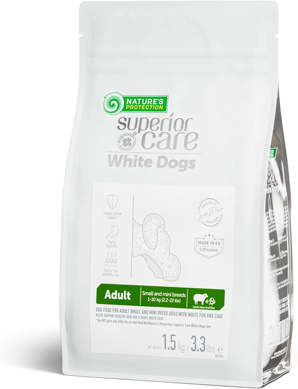 غذای خشک سگ نژاد کوچک Nature's Protection - رژیم غذایی پروتئین بالا برای از بین بردن لکه اشک برای سگ های بالغ با خز سفید و روشن - تکه های کوچک (مراقبت عالی - بره و برنج، 1.5 کیلوگرم)