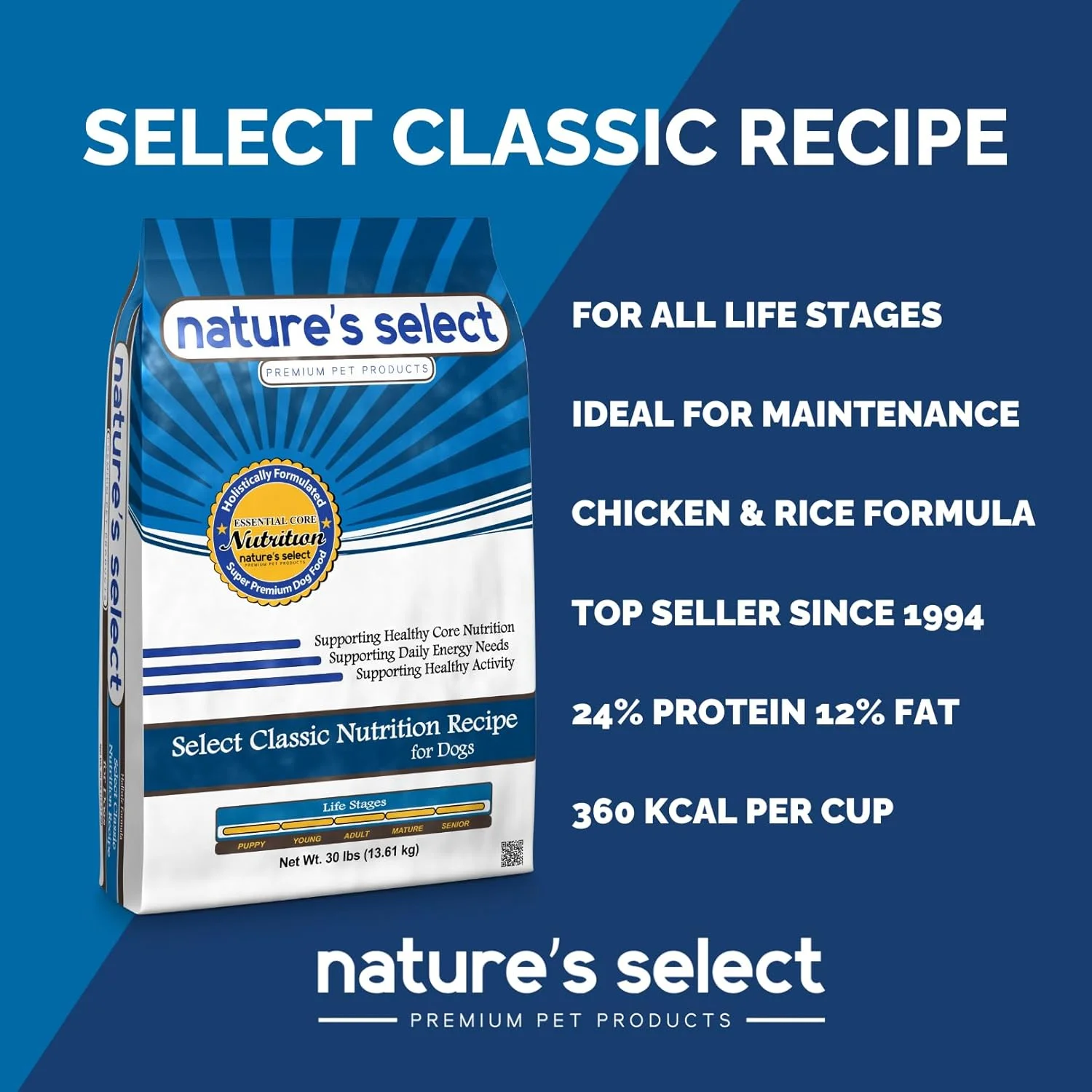 غذای خشک سگ با طعم مرغ و برنج Nature's Select Classic Recipe مناسب تمام سنین - 13.6 کیلوگرم
