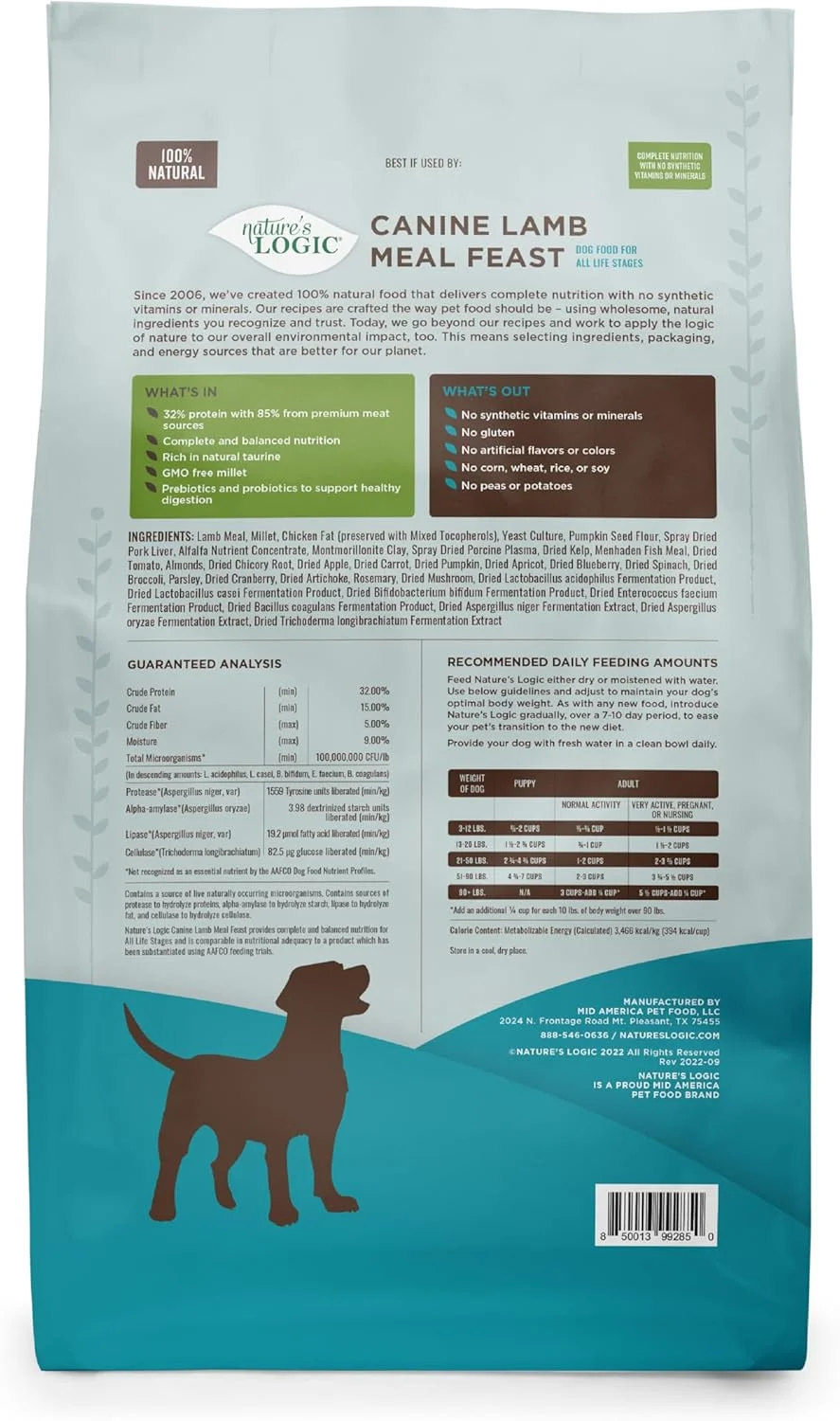 غذای خشک سگ NATURE'S LOGIC - 100% طبیعی - بدون مواد مصنوعی - برای تمام سنین، اندازه ها، نژادها - فاقد آلرژن های رایج، پروتئین بالا - غذای بره، 25 پوند