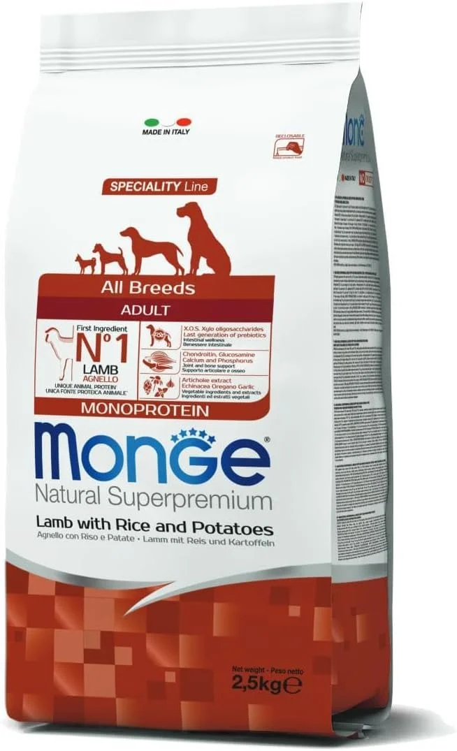 غذای کامل سگ بالغ نژاد متوسط مونژه با طعم بره، برنج و سیب زمینی، 2.5 کیلوگرم