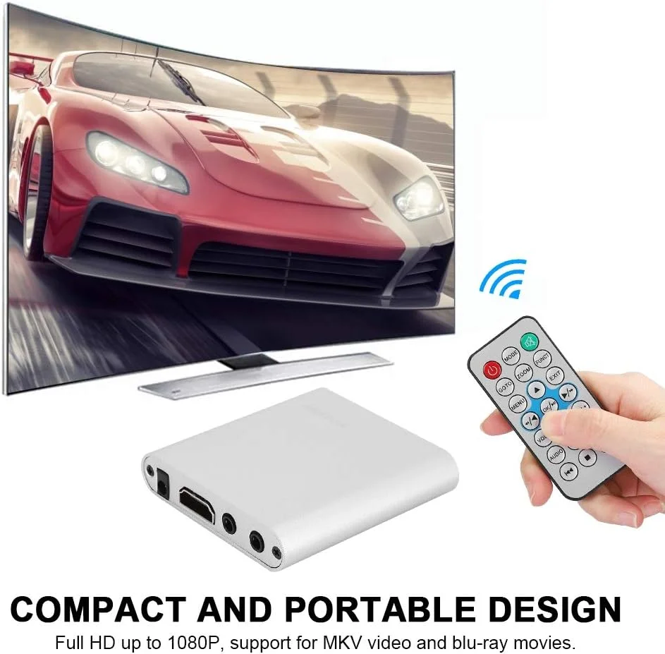 پخش کننده رسانه HDMI، پخش کننده رسانه دیجیتال مینی 1080p Full-HD HDMI با رمزگشای هارد دیسک با HDMI و AV کامپوزیت، پشتیبانی از 32 گیگابایت (دوشاخه بریتانیا نقره ای)