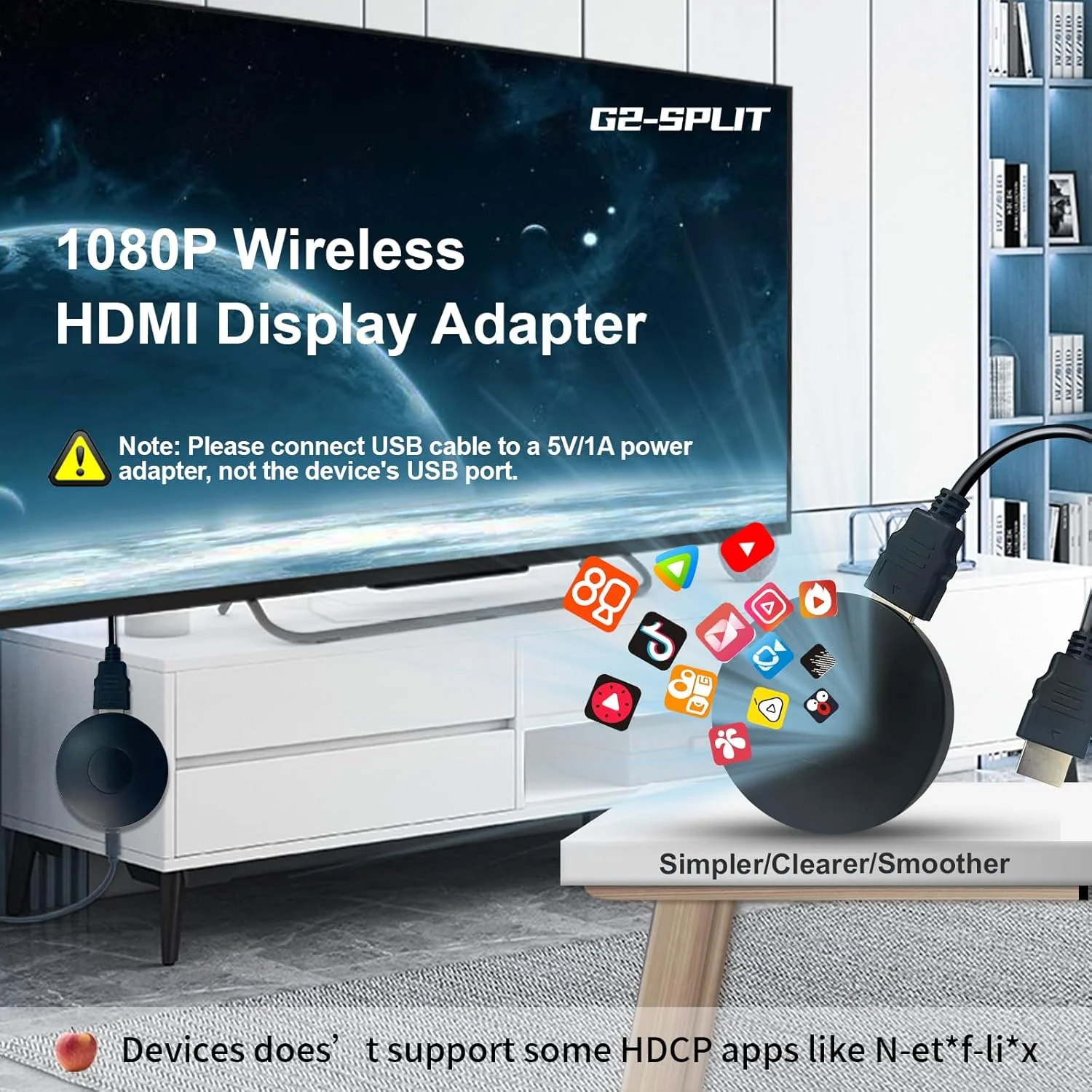 آداپتور نمایشگر بی‌سیم G2-Split 1080P HD، استریم از تلفن/تبلت/لپ‌تاپ به تلویزیون/پروژکتور/مانیتور قابل حمل، پشتیبانی از iOS، اندروید، ویندوز، iOS با برنامه/وب‌سایت HDCP مانند نت*فلیکس و غیره کار نمی‌کند.