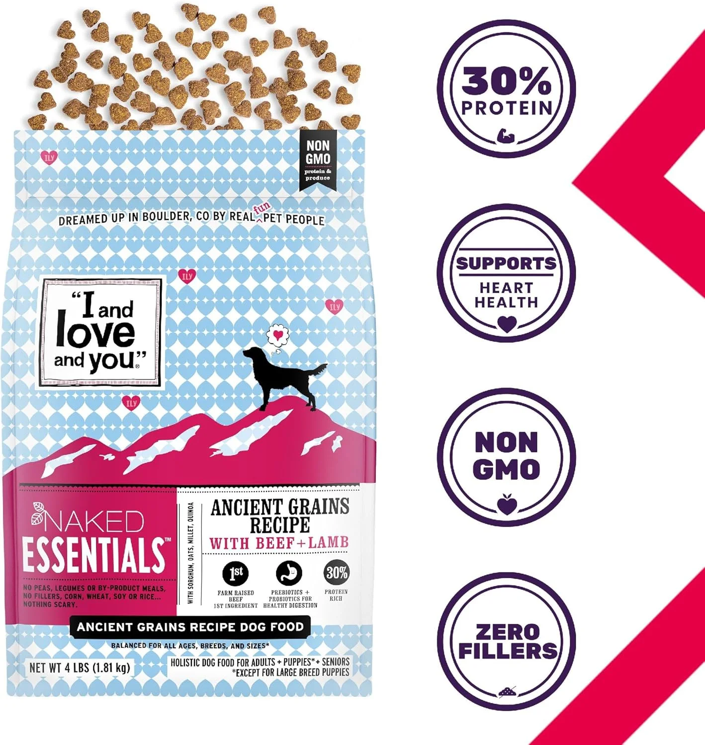 غذای خشک سگ I AND LOVE AND YOU مدل "Naked Essentials" - دانه های باستانی، طعم گوشت گاو + بره، کیسه 23 پوندی