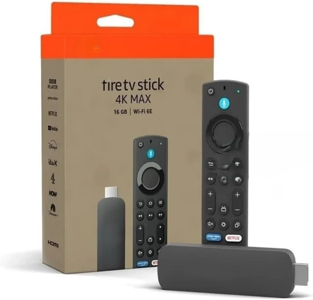 دستگاه پخش جریانی فایرفلاوس پلاس Fire TV Stick 4K Max، حافظه 16 گیگابایتی، Wi-Fi 6E، مشکی، همراه با ریموت صوتی الکسا، پخش کننده رسانه هوشمند HDMI برای فیلم ها، نمایش ها، برنامه ها و موسیقی، جهاز بث 4K